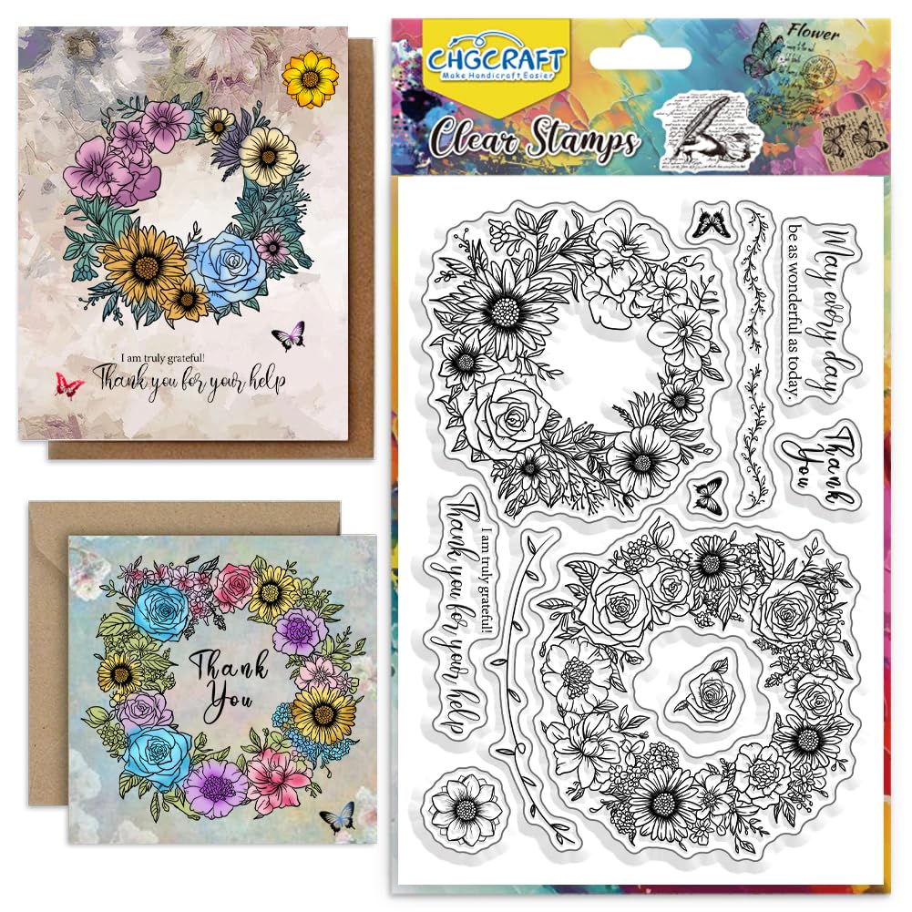 CHGCRAFT Wreath Clear Stamps Flowers Butterfly Transparent Silicone Stamps for Card Making Silicone Clear Stamp Seals for Cards Stamps Making DIY Scrapbooking Photo Journal Album