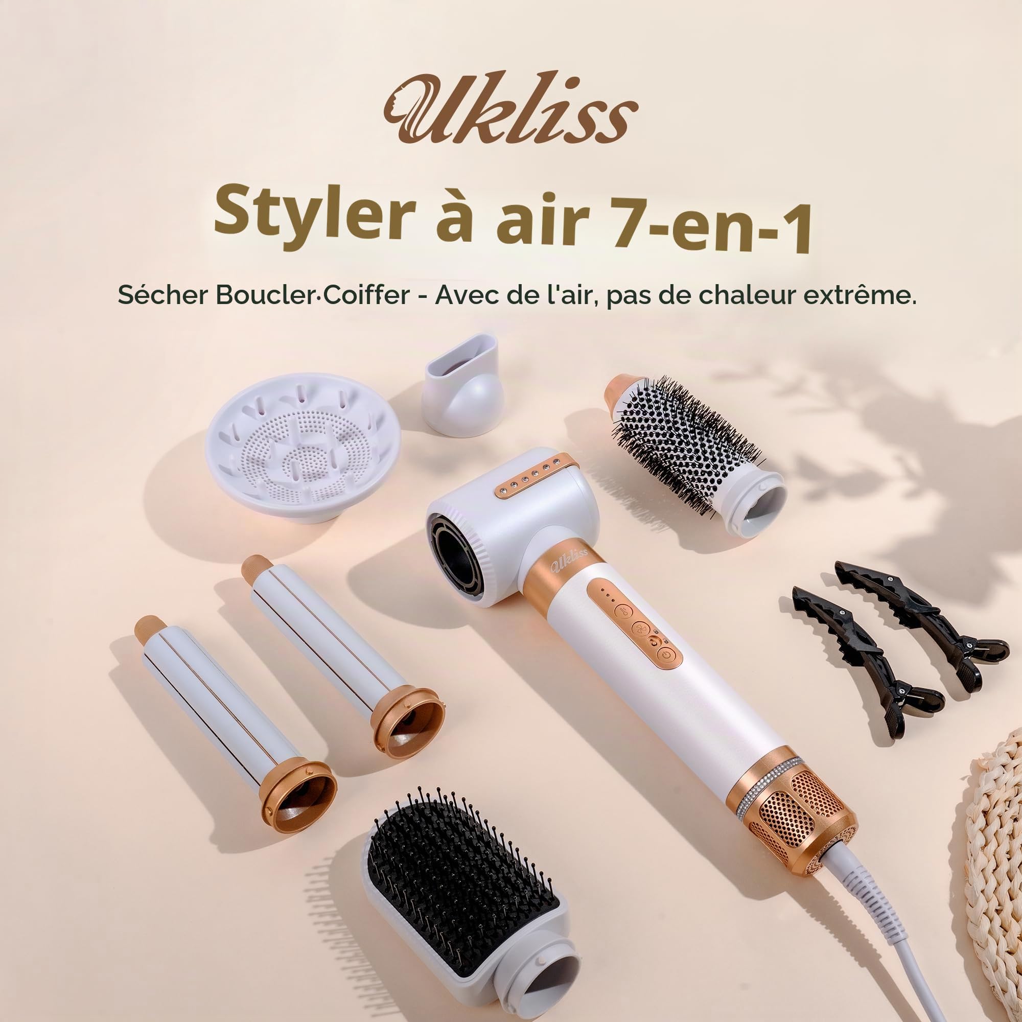 UKLISS Brosse Soufflante & Seche Cheveux Pro | Air Styler 7 en 1 avec Hair Dryer, Auto Boucleur a Air, Brosse Lissante Chauffante, Thermal Brush, Hairstyler Airbrush | Cadeaux pour Femmes Styling