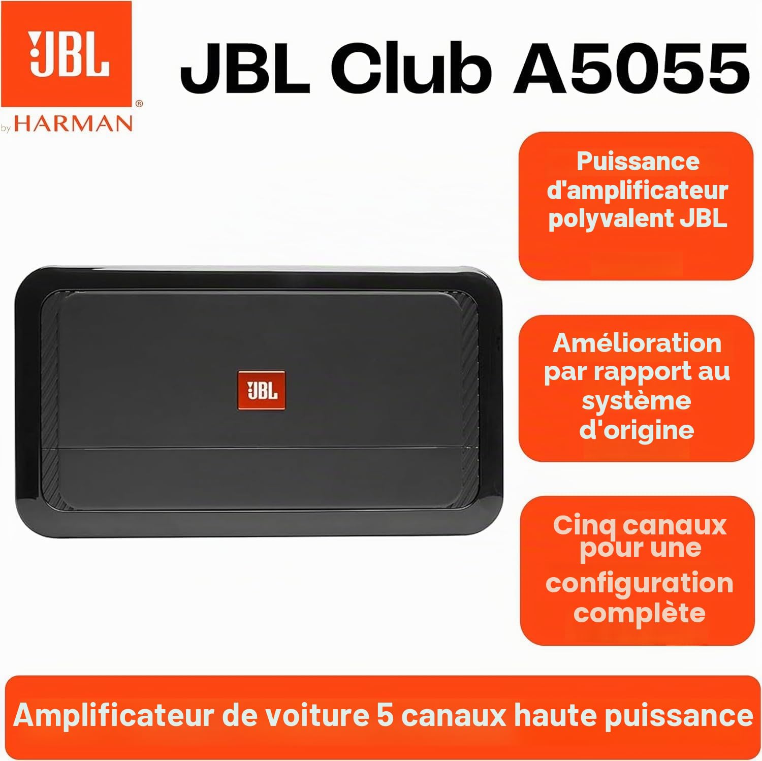 JBL Club A5055 5-Canal Amplificateur (4X 45W + 1x 500W), Noir | 4x45 W + 500 W RMS, Classe AB/D, 2 Ohm, 10 Hz-320 Hz - amplificateur compact - pour equipement audio et caisson de basse