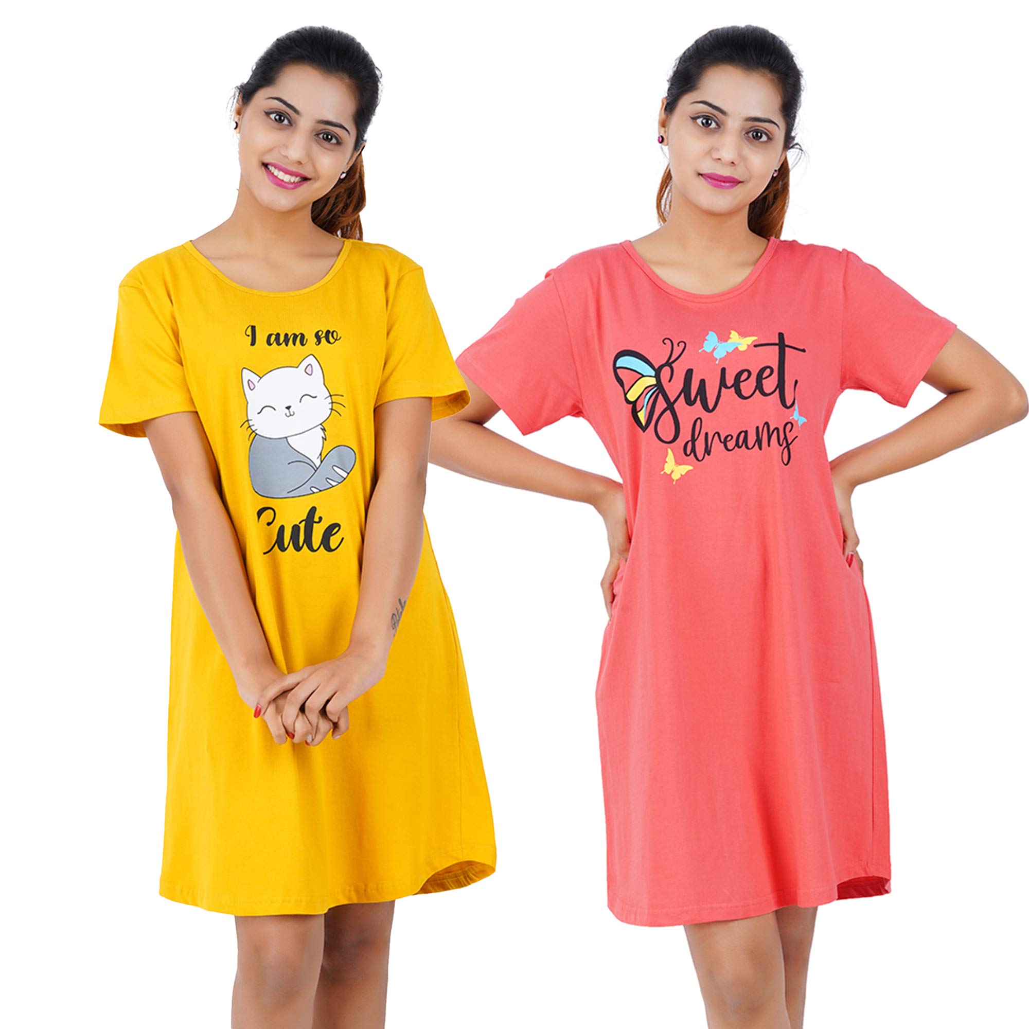 Buy That TrendzPrinted Cotton Short Night Dress for Women 2 Pcs Combo Be Kind Navy Do not Disturb Red