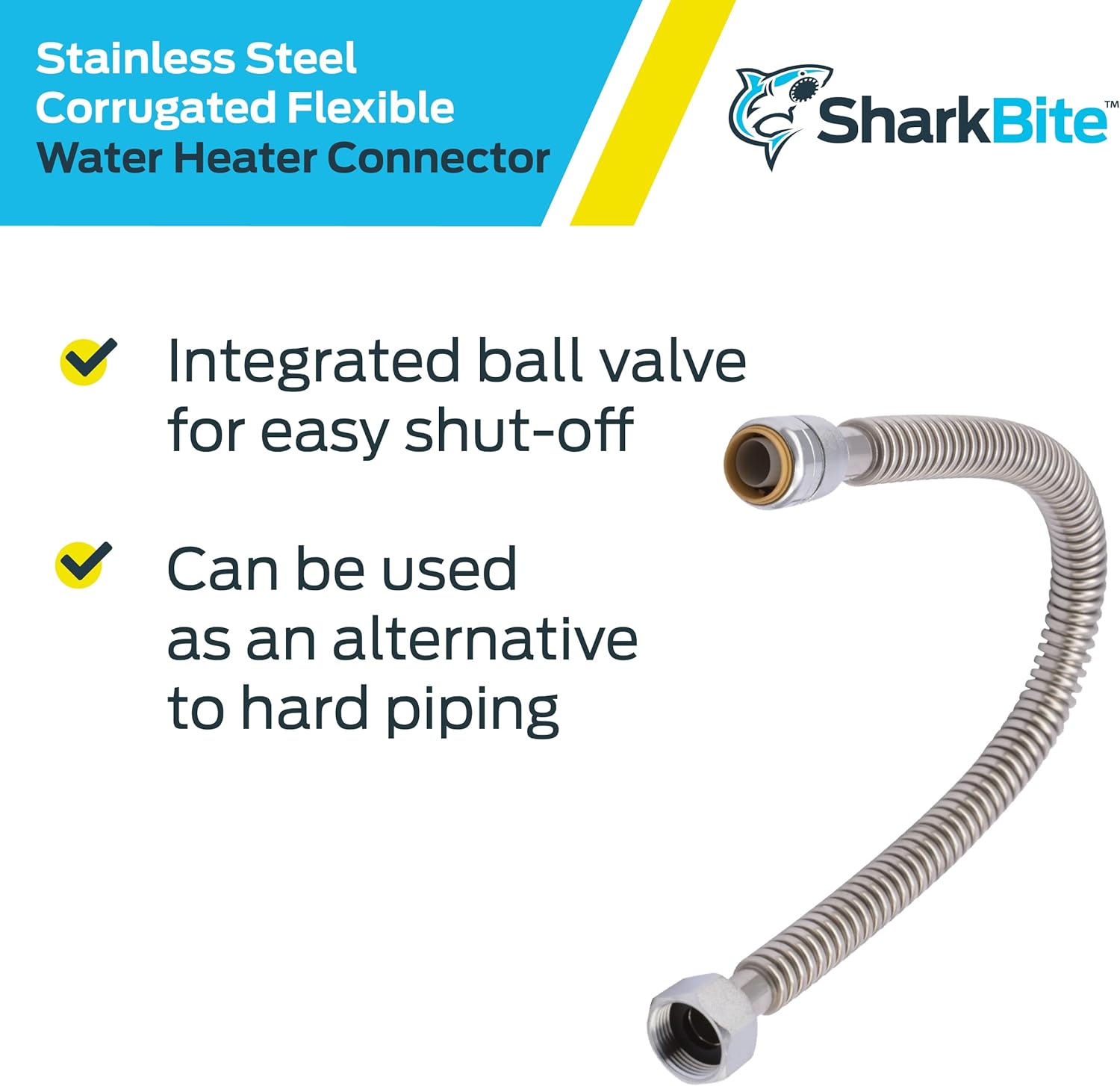SharkBite SS3086FLEX24LFA Corrugated Flexible Water Heater Connector, 3/4 Inch x 1 Inch FIP x 24 Inch, Push-to-Connect Braided Stainless Steel Water Heater Hose - - 