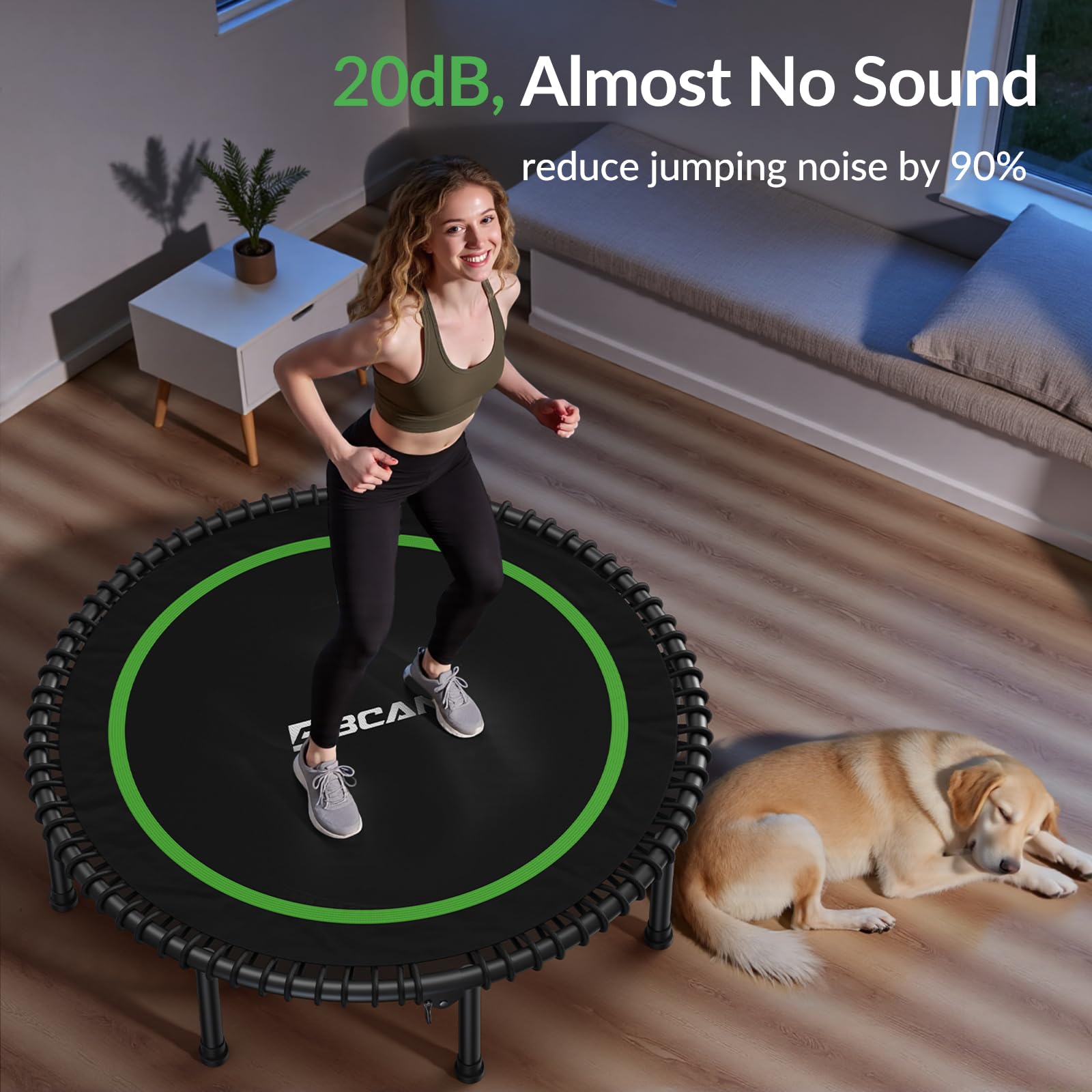 BCAN Fitness Indoor-Trampolin, Ø 102/122 cm Durchmesser, Bungee/Feder-Minitrampolin, geeignet für Erwachsene bis 204/250 kg, Bodentrampolin mit verstellbaren Griffen, leise und vibrationsarm