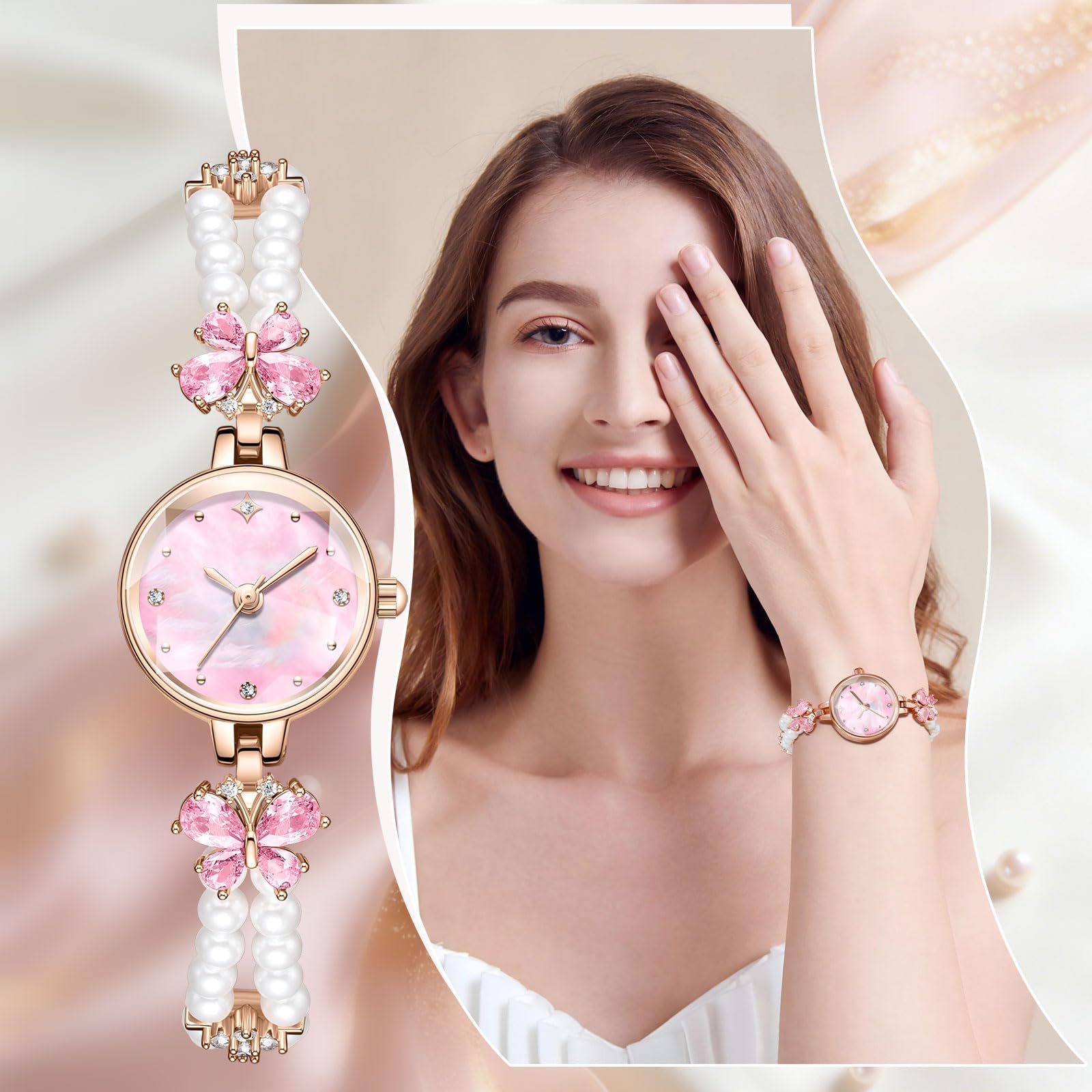 findtime Analoge Damenuhr 3ATM Wasserdicht Armbanduhr Damen Rund Quarzuhr Fraun Elegante Vintage Perlenarmband Exquisite Stylisches Uhr Für Frauen Schmuck Armreif Perlen Und Strass Design