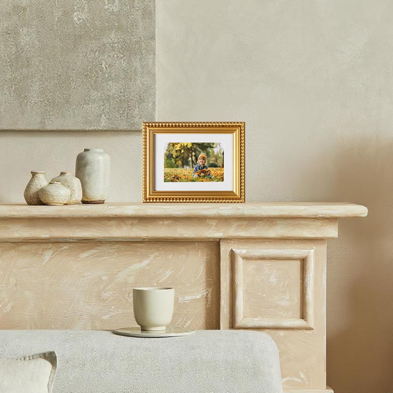 6x8 Picture Frame Gold, Stylish Beaded Edging, Solid Wood with Real Glass, Display 6x8 Photos Matted to 4x6, Vertical and Horizontal Desk Tabletop or Wall Hanging
