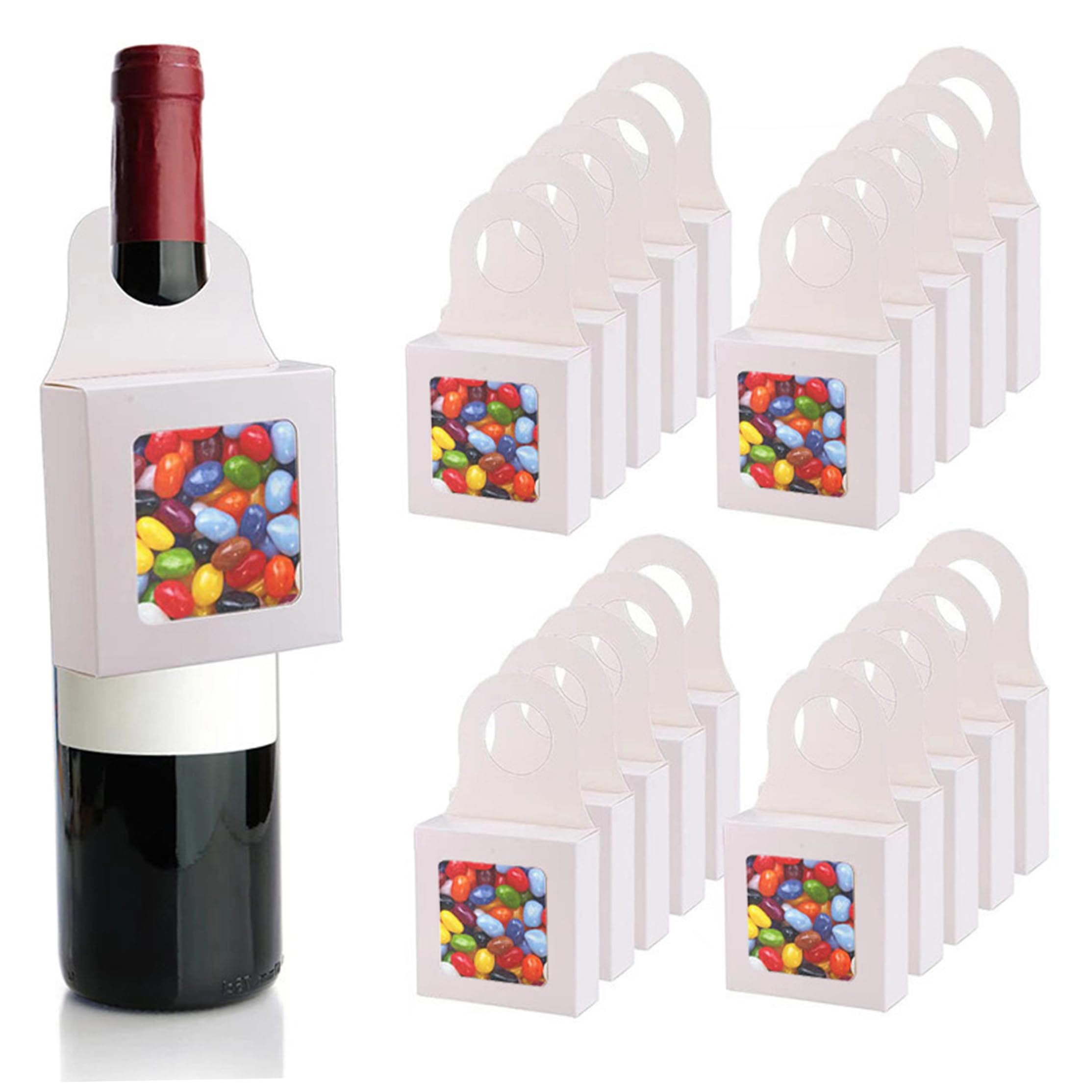 Pineeseatile Wine Bottle Box, 20PCS Paper Wine Boxes with Window & Bottle Hook, Easy to Hang for Candy Truffles Chocolate Cookies Packing, White, Boxes