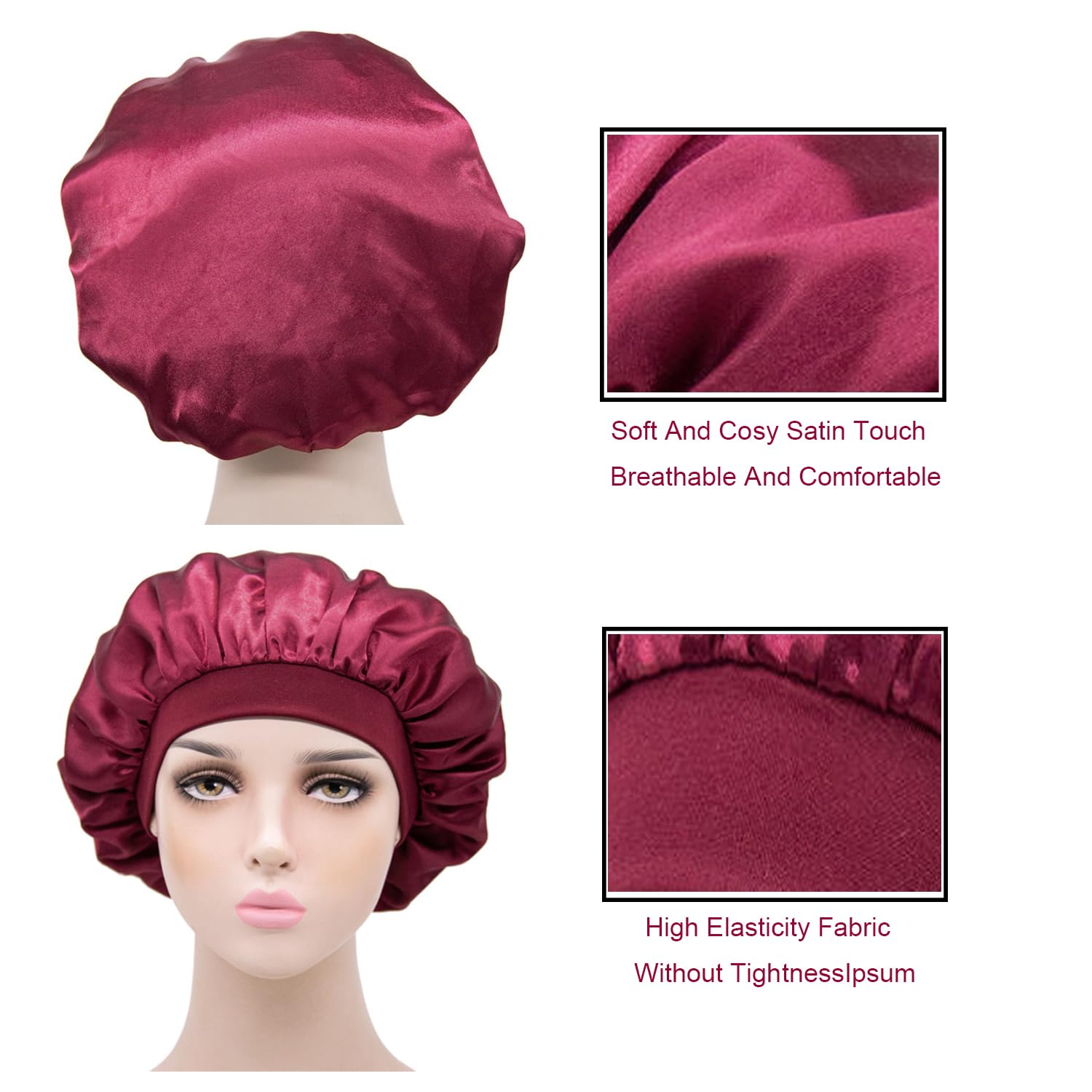 iLamvie 2 pezzi Cuffia Seta Capelli Ricci,Silk Bonnet,Berretto Da Notte Raso Elastico Per Dormire Cappello Da Notte Per Donna Berretto Da Notte Raso Per Donna Ragazza(Nero+rosso)