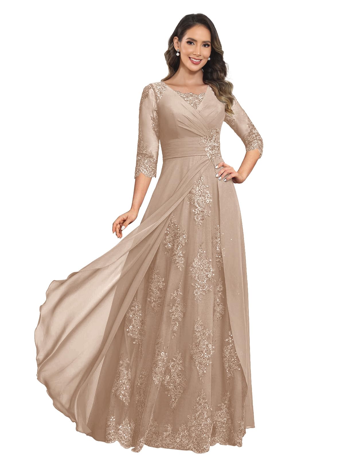 Lace Appliques Mother of The Bride Dress for Wedding with Sleeves Pleated A-Line Chiffon Long Formal Party Gown