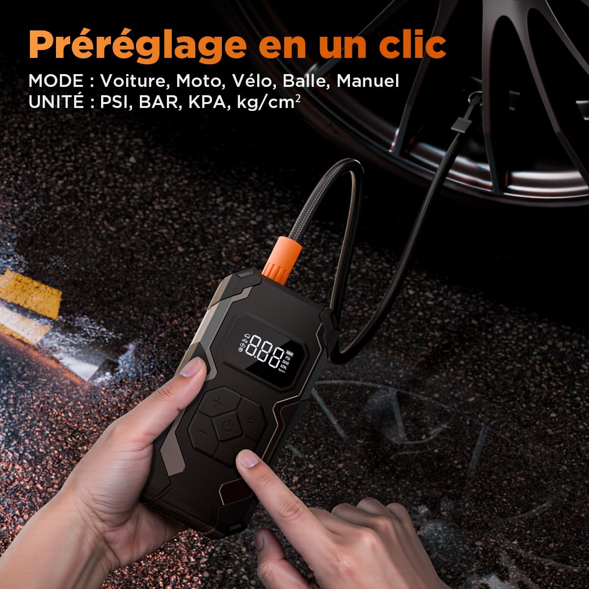 Gonfleur Pneus Voiture, Compresseur à Air Portatif sans Fil, 150 PSI (10,3 Bar), Pompe À Velo Électrique, Arrêt Automatique, LED, avec Tuyau de 60 cm, Noir