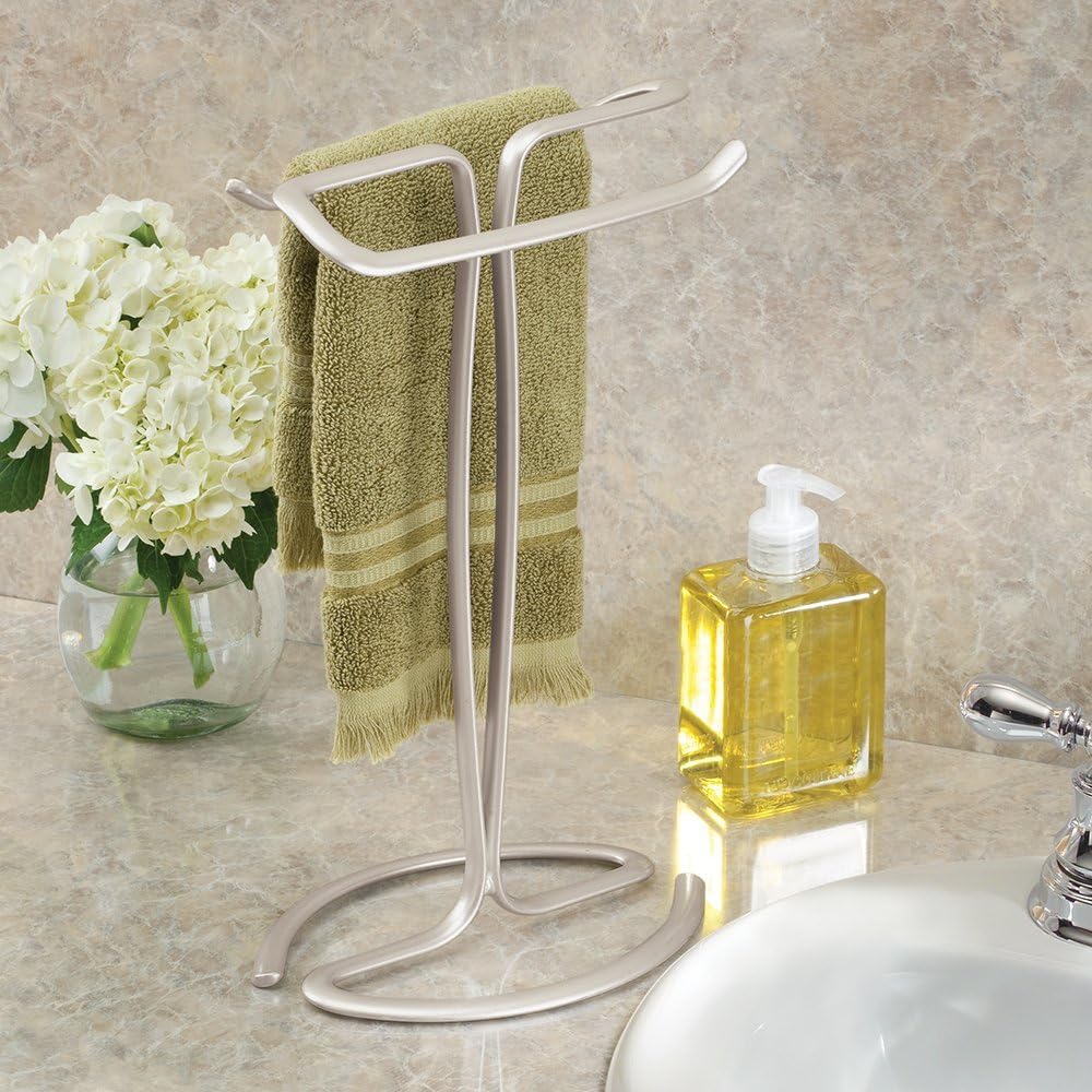 iDesign Axis Metal Hand Towel Holder for Master Bathroom, Vanities, Countertops, Kitchen, Holds 2 Finger Tip Towels, Satin