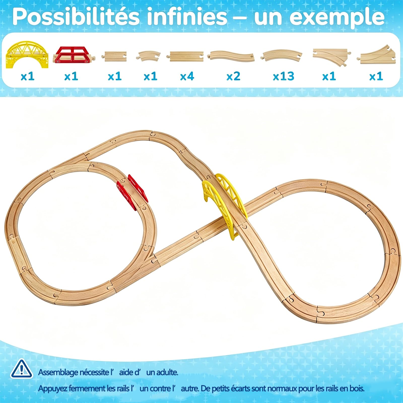 Coffret d‘Extension de Rails en Bois 25 pièces pour Circuit de Train - Train en Enfant 3 Ans et Plus - Pièces Droites et Courbes en Bois de Hêtre - Compatible avec Les Principales Marques