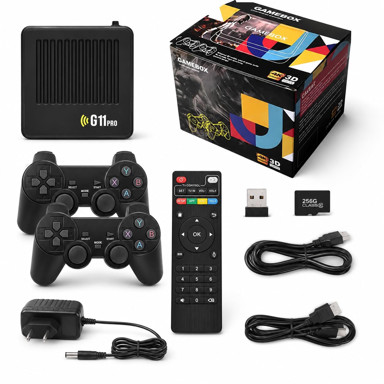 G11 Pro pudełko do gier z 10 0000 gier, konsola do gier wideo Plug and Play, z 2 kontrolerami bezprzewodowymi, 256 GB pamięci masowej