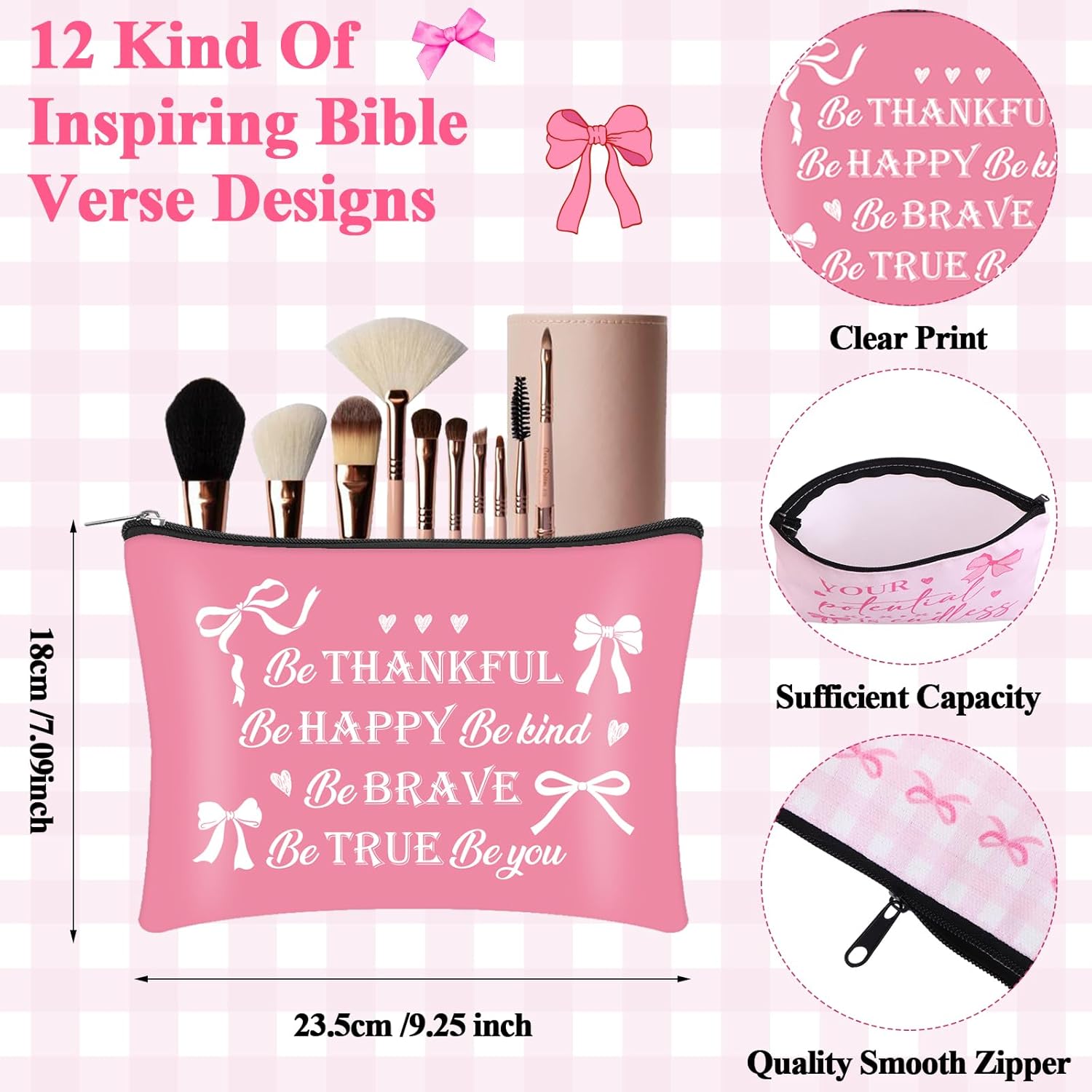 24 Sets Pink Bow Inspirational Makeup Bag with Compact Mirrors Bulk Canvas Cosmetic Bags Pink for Women Party Christmas Graduation