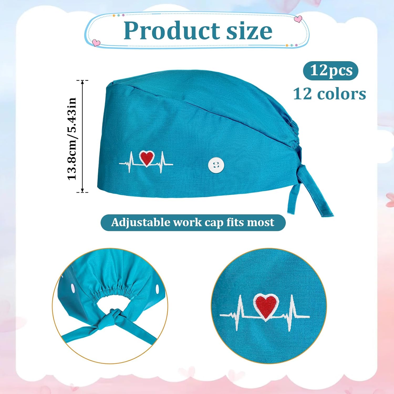 EupHHonycs 12 Pcs Bouffant Cap with Buttons Adjustable Bouffant Nurse Hats Unisex Sweatband Adjustable Gourd-Shaped Tie Back Hats