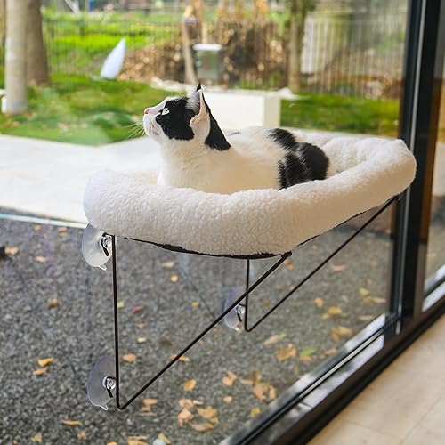 Miniatura 7 de Zakkart Percha para ventana de gato, 100% metal soportado desde abajo, viene con una cama cálida y espaciosa para mascotas, hamaca para ventana de