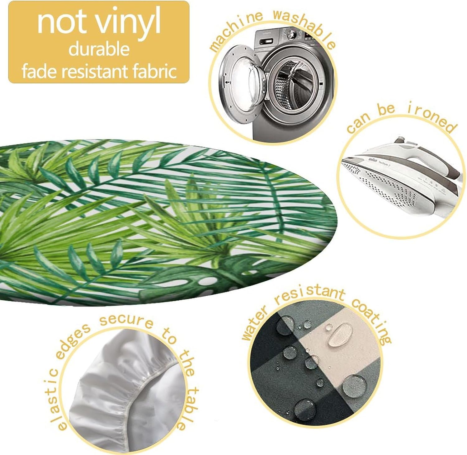 Tropical Palm Leaf Print Round Fitted Tablecloth, Elastic Stain Resistant Waterproof Table Cover, for Kitchen Dining Coffee Table Fit for 70" Table