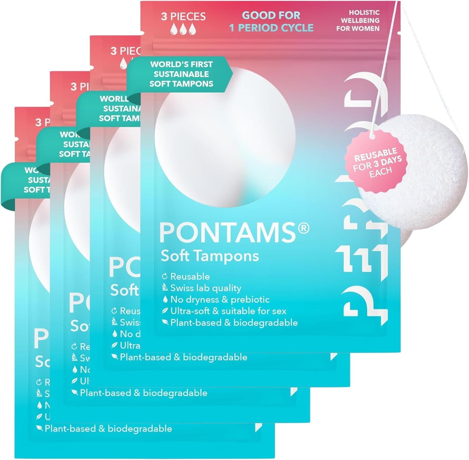 PERIOD PONTAMS Soft-Tampons für Frauen – 3 Tage wiederverwendbare und kompostierbare Tampons – Unterstützung des probiotischen Gleichgewichts – Ultraweich, auf pflanzlicher Basis, 12 Stück