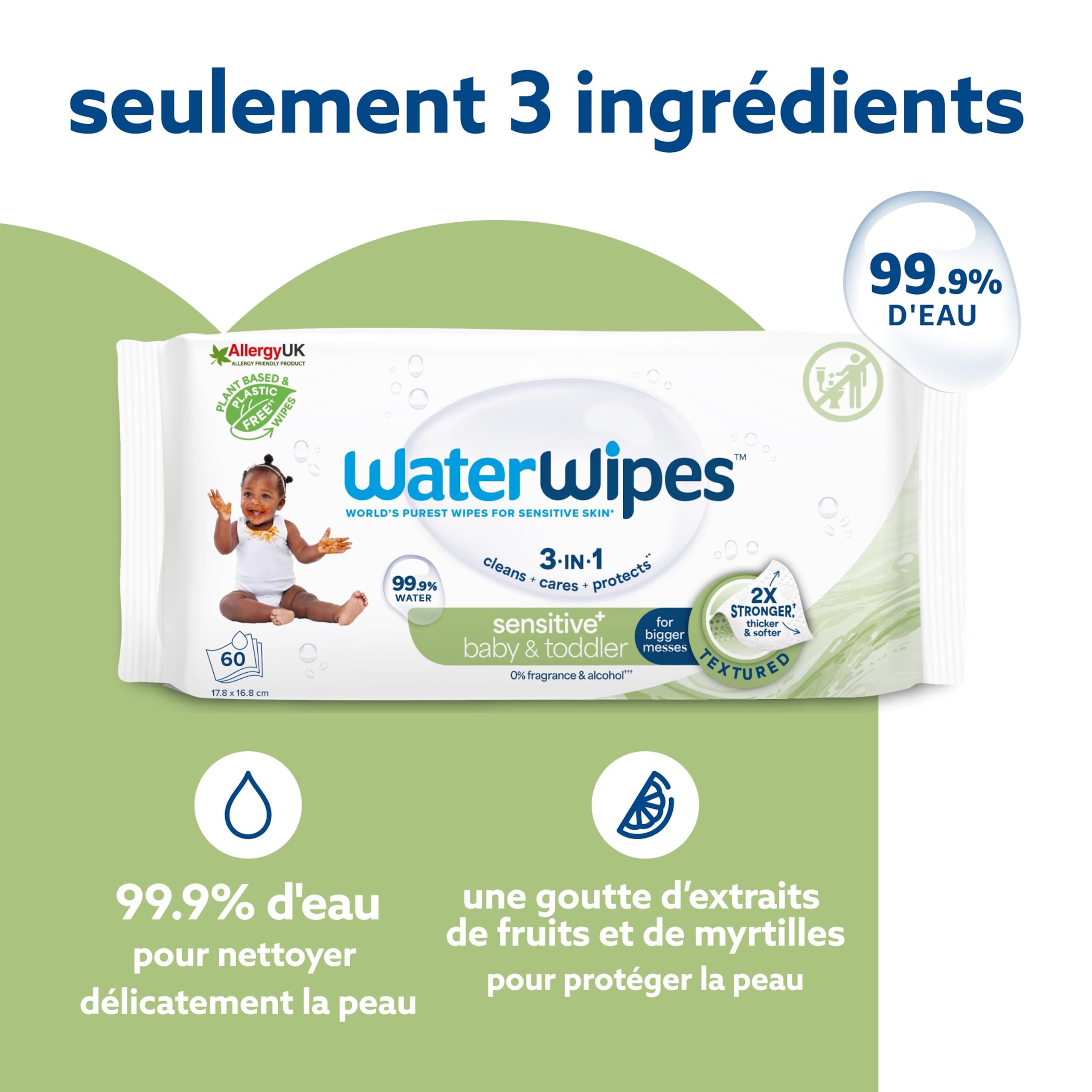 WaterWipes Sensitive+ Baby & Toddler Wipes, Lingettes Pour Bébés et Tout-Petits, 240 unités (4 paquets), 3-en-1 nettoie, soigne, protège, 99,9% d'eau, Textured Clean, non parfumées