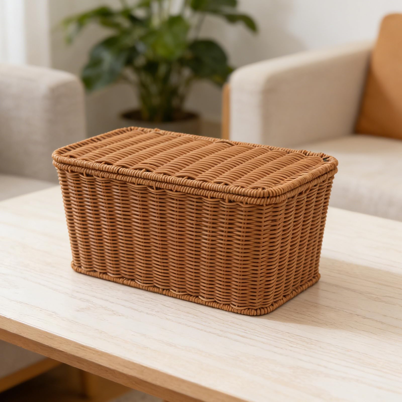 Mobestech Panier de Rangement Design et Gain de Place Étroit et Haut en Imitation Rotin avec Couvercle et Anse pour Magazines et Documents Salon ou Bureau