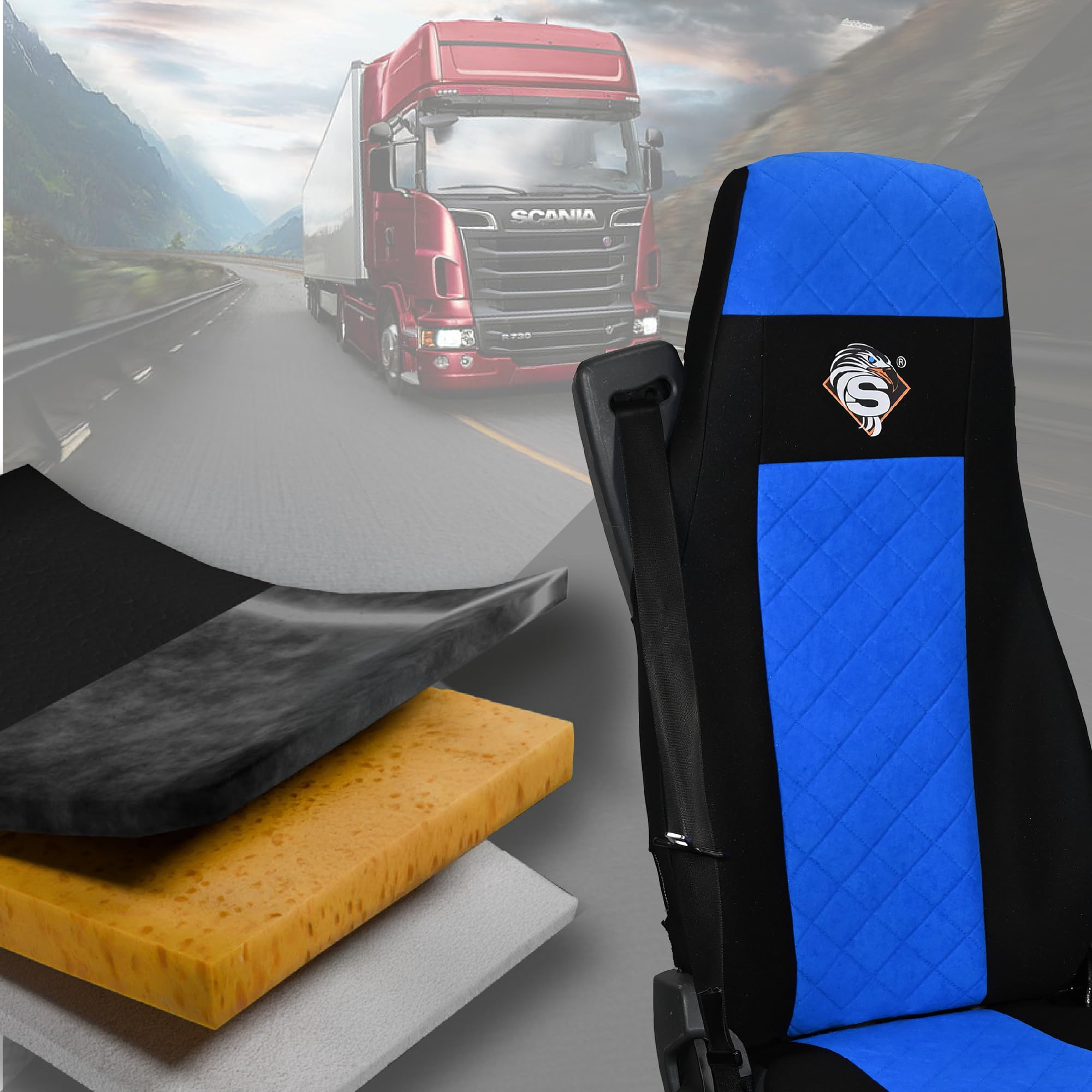 SABA Funda de Asiento para Scania Serie R Desde 2013, Serie S Desde 2017, Asientos Dobles, Asiento del Conductor Premium, Asiento del Pasajero BÁSICO - CONFIGURACIÓN E Azul