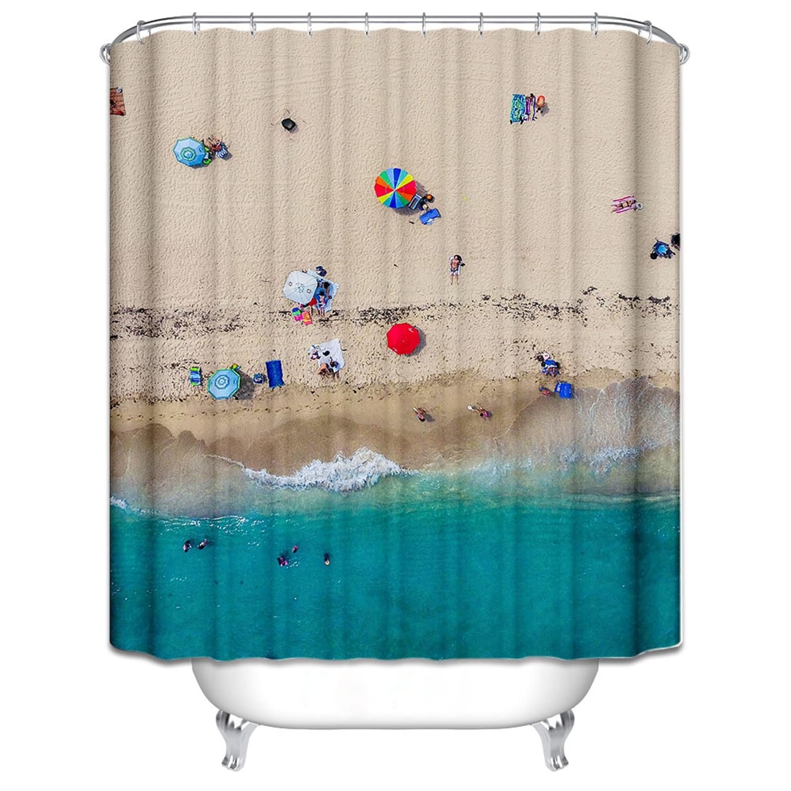 Rideau de douche motif plage de mer 150 x 200 cm bleu vert marron clair en polyester