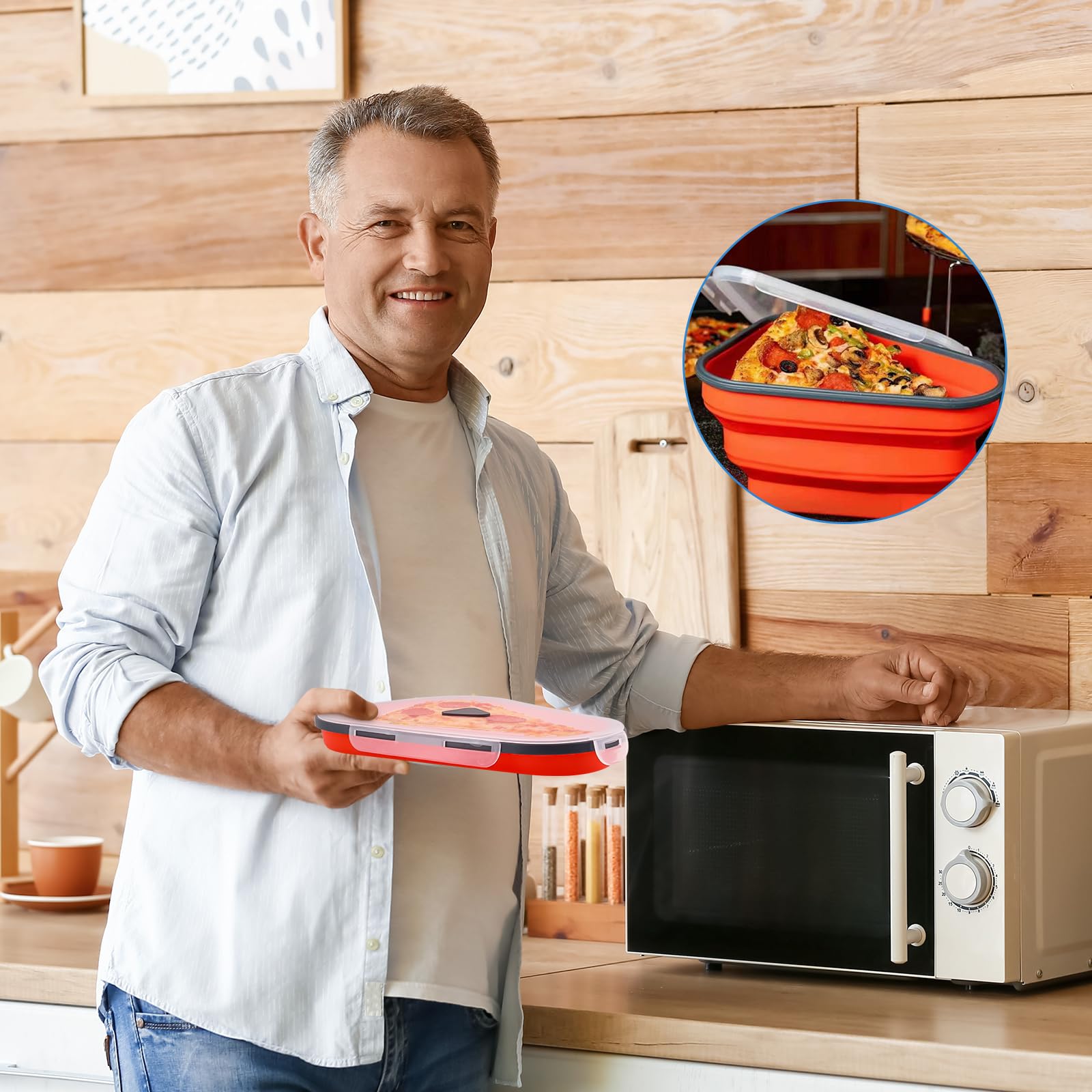 Pojemnik na pizzę składany silikonowy z pokrywką, wielokrotnego użytku, 100 szt. papieru do pieczenia, oszczędzający miejsce