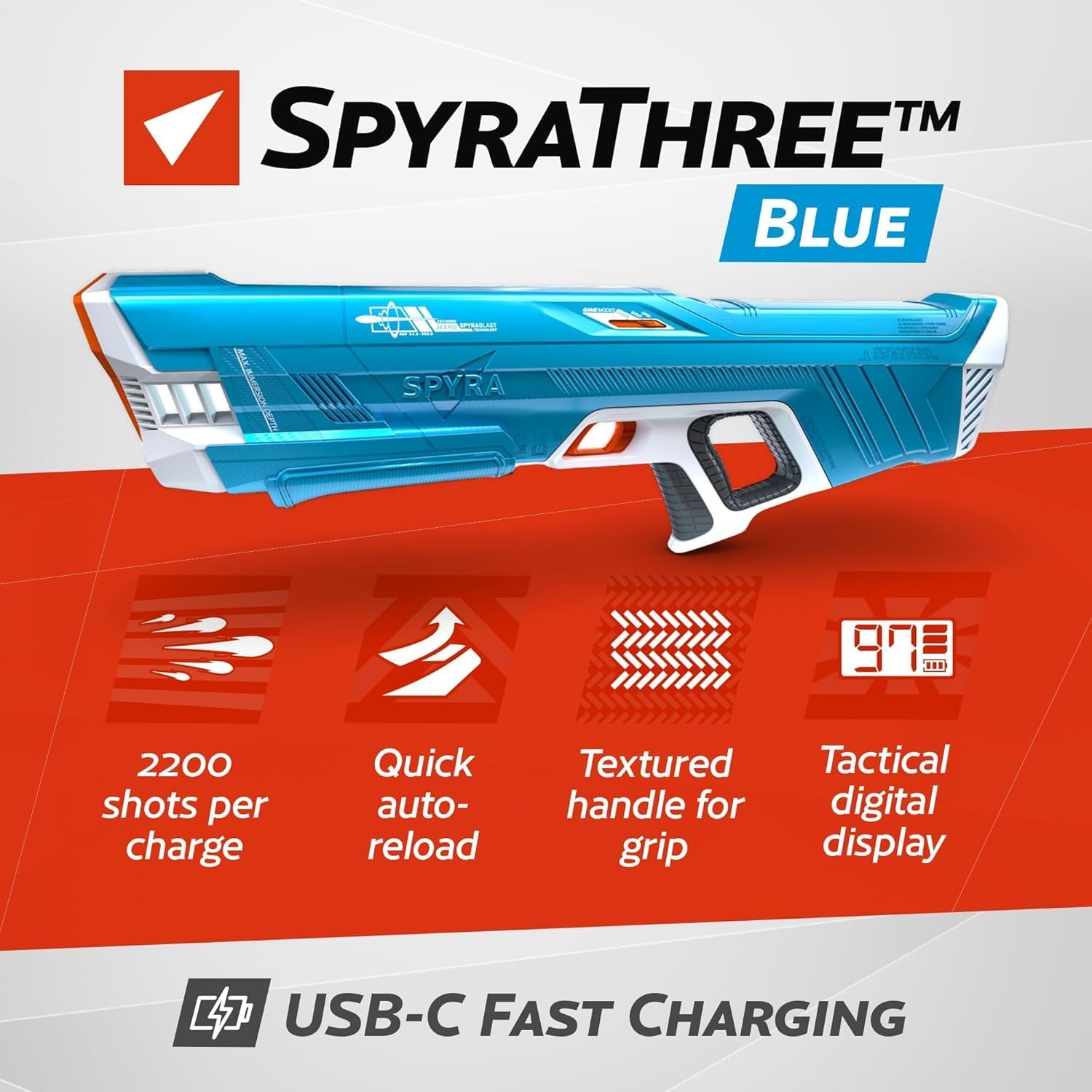 SpyraThree™ Wasserpistole elektrische Wasserspritzpistole, automatisches Aufladen,3 Spielmodi,LED-Schuss- & Batterieanzeige,15m Reichweite,Premium-Sommerspielzeug für Kinder & Erwachsene (blau) | Spyra Drei automatische Wasserpistolen für Strand, Garten,