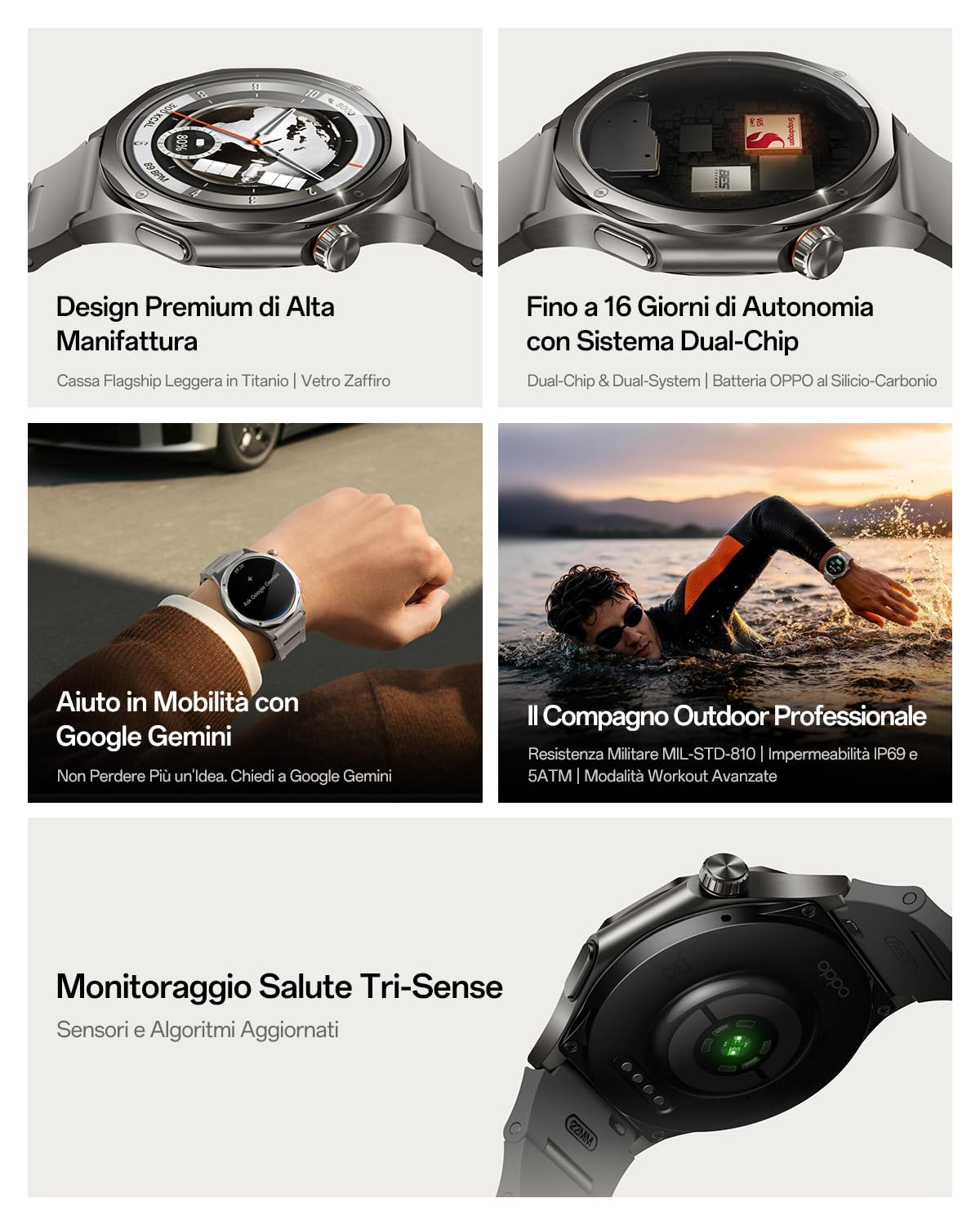 OPPO Watch X3 Smartwatch, Lega Titanio Ultra-Leggera, Batteria Doppio Chip 16 Giorni, AMOLED 1,5" 3000 Nits, ECG e Check Salute 60s, 100+ Sport, 5ATM IP69, Google Gemini, Misty Titanium