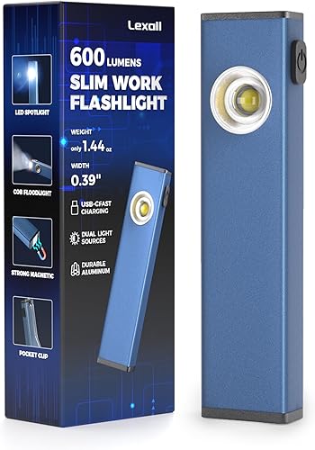 lexall Linterna recargable, linterna LED portátil de 600 lúmenes, luz de tarea plana COB magnética con clip de bolsillo, 3 modos, luz de inspección