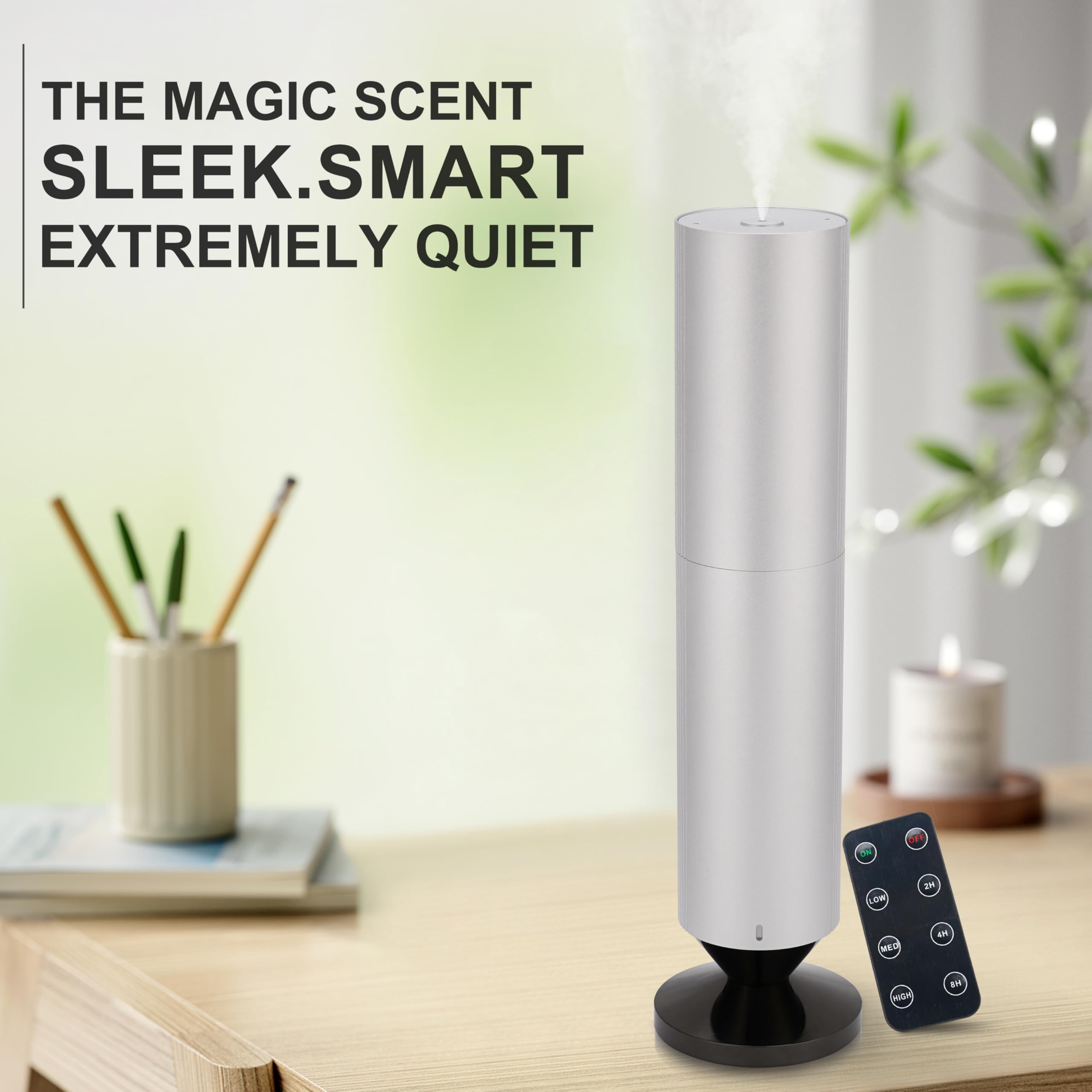 Dyfuzor olejków eterycznych - pilot zdalnego sterowania i sterowanie Bluetooth, wysoka atomizacja 120 ml, wyciszenie, dyfuzory zapachowe do olejków eterycznych (Srebrny)