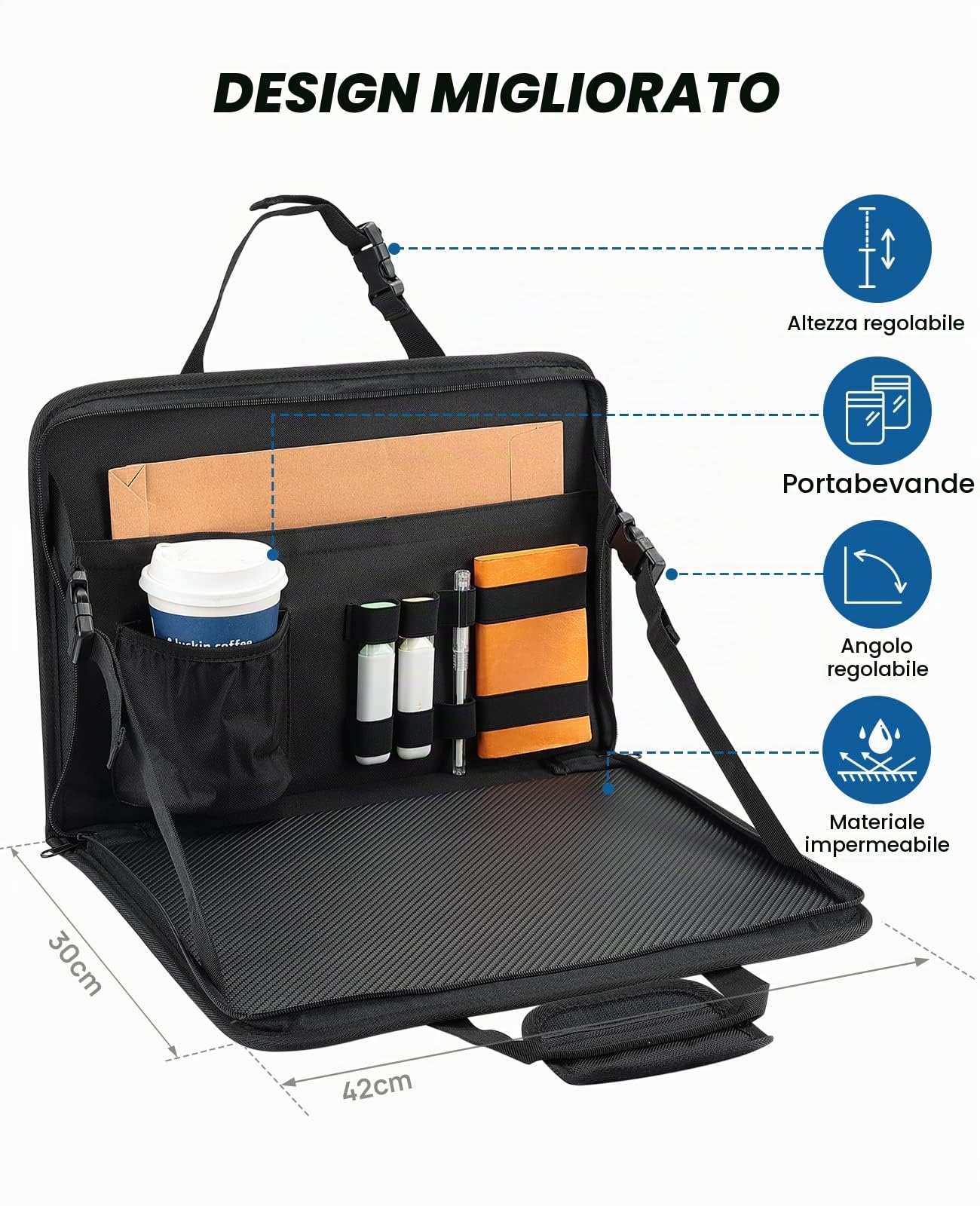Tavolo per auto, scrivania per auto, con supporto per bevande, tavolo pieghevole universale per sedile passeggero, sedile posteriore (design brevettato UE)