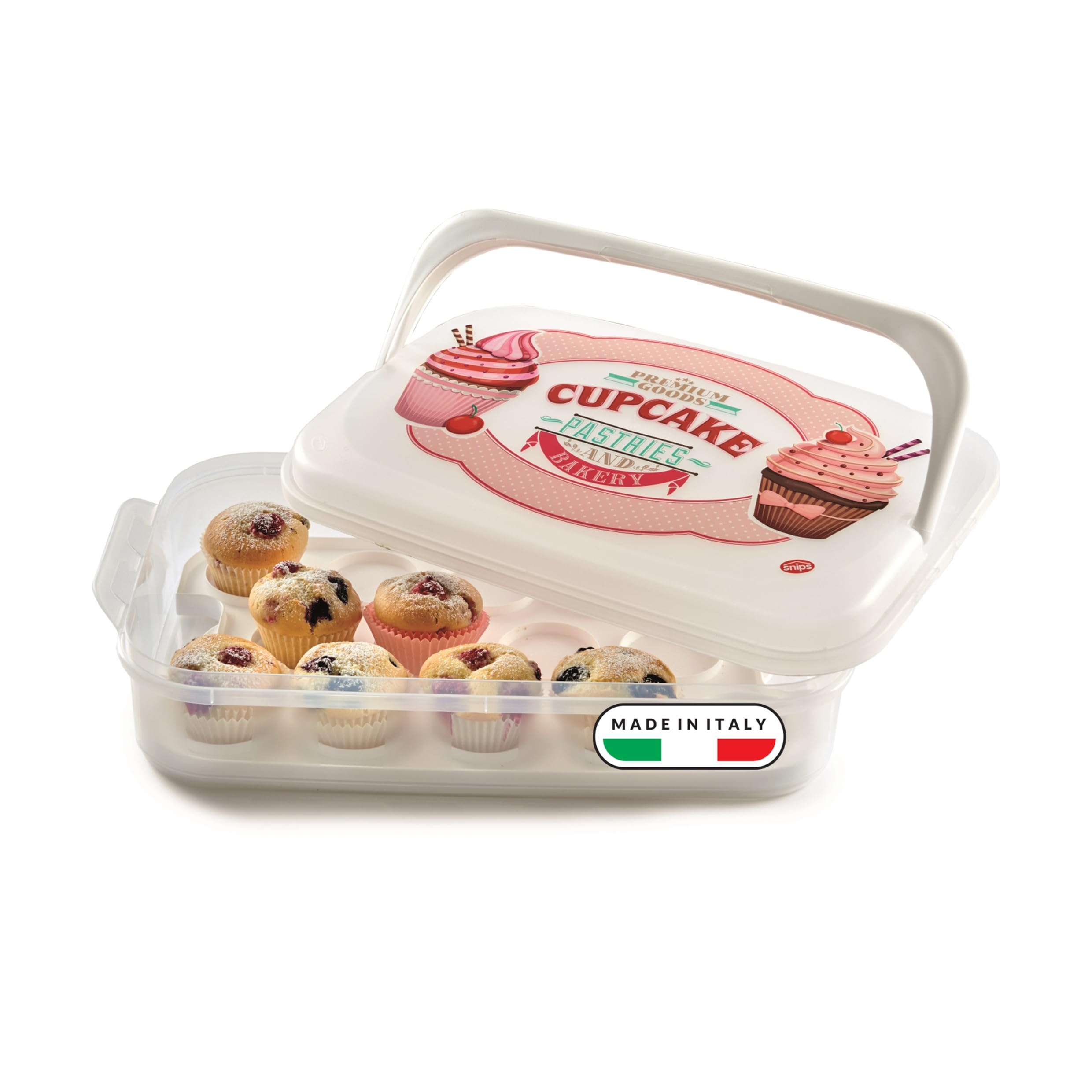 Snips Cupcake Carrier 7L, Reusable Muffin Holder with Tray, Cake Storage Box for Transporting 14 Cupcakes, Muffins & Desserts, 43 x 27.5 x 11 cm, White, Made in Italy