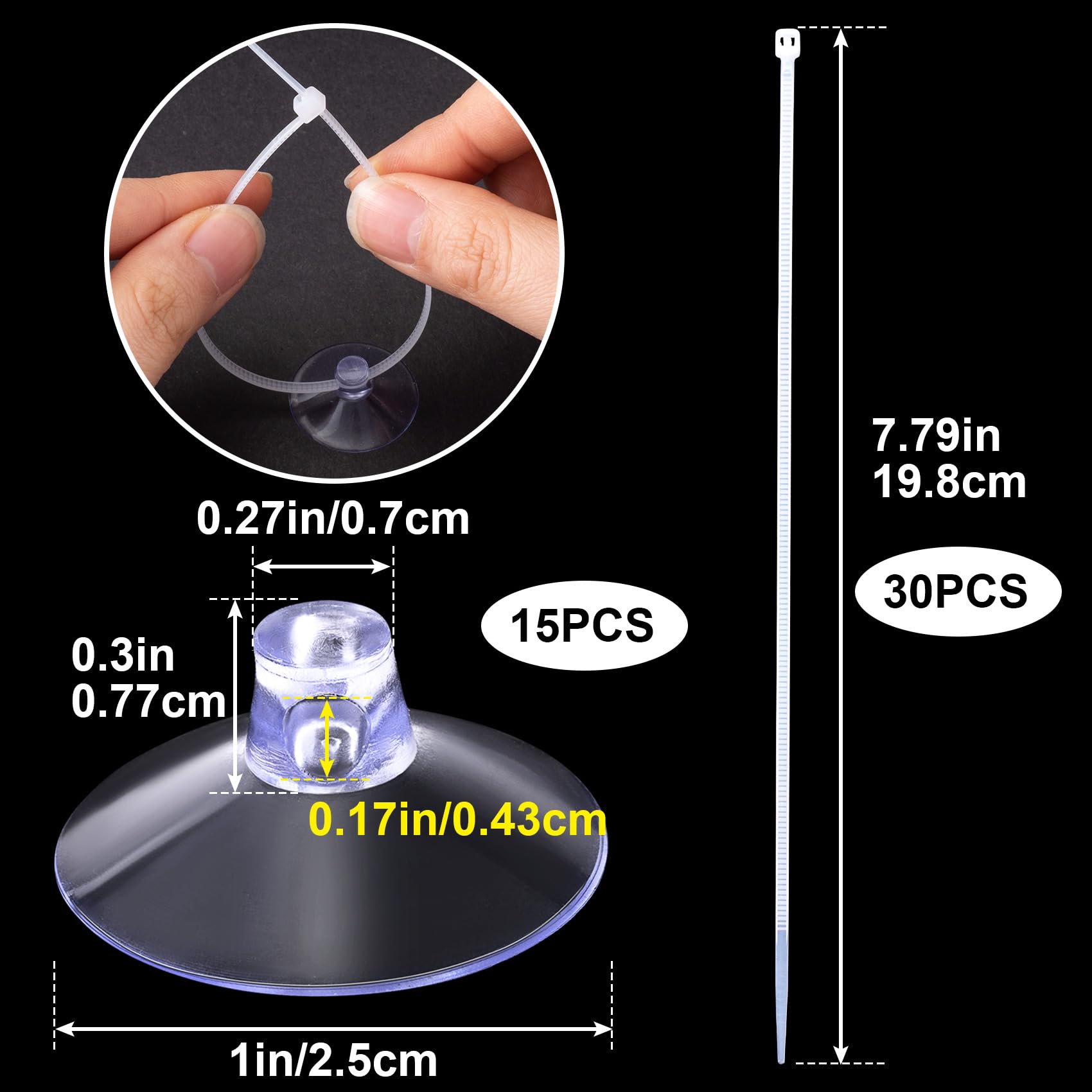 PAGOW 15 Pcs Aquarium Suction Cups with 30pcs Zip Ties, Suction Cup for Fish Tank Plants Binding Moss Shrimp Nest Landscape Fixation, Utility Sucker Pad Without Hooks for Kitchen Hanging Organization