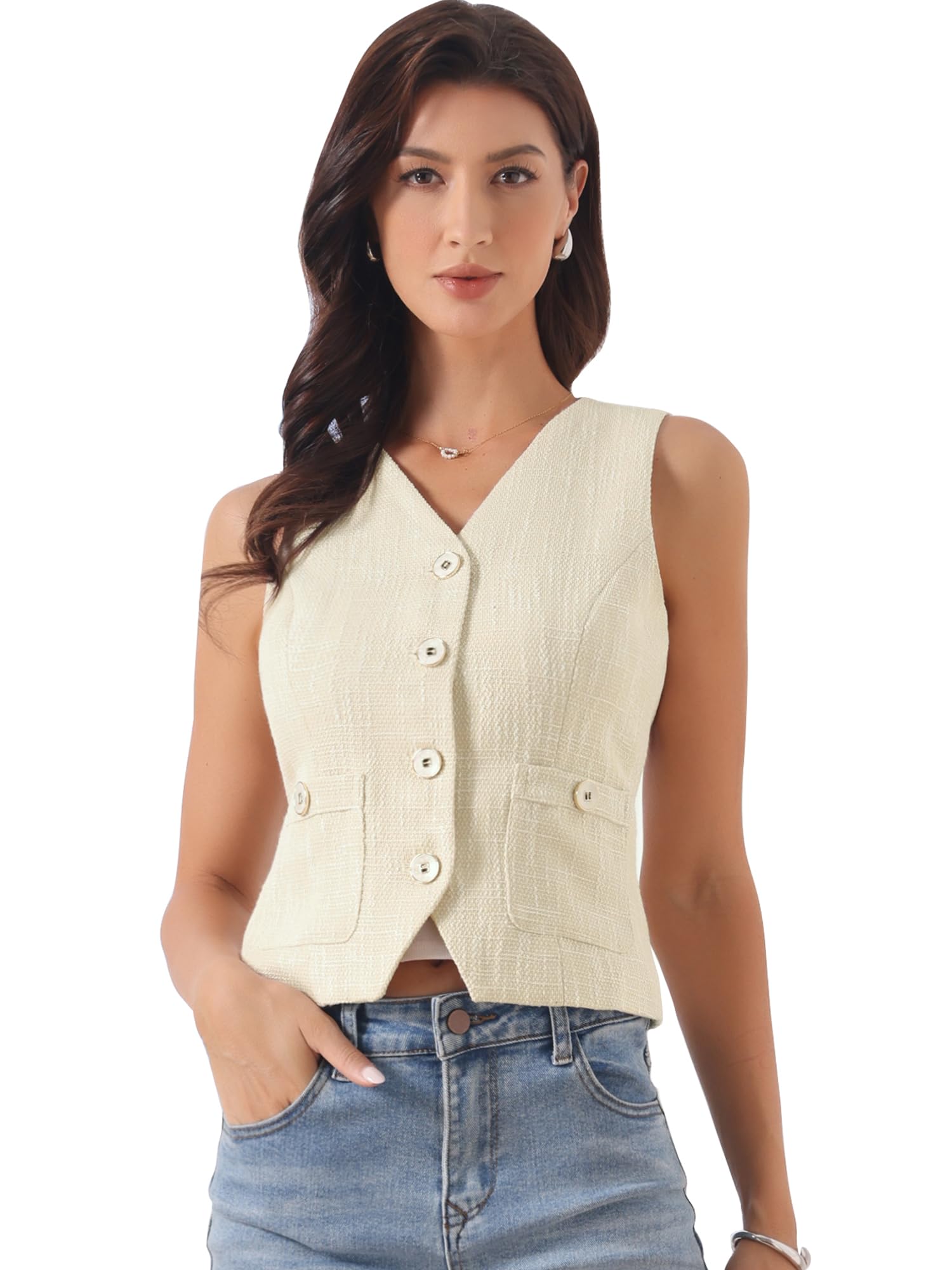 Allegra K Gilet da Lavoro per Donna in Tweed Scollo a V Senza Maniche con Bottoni da Ufficio