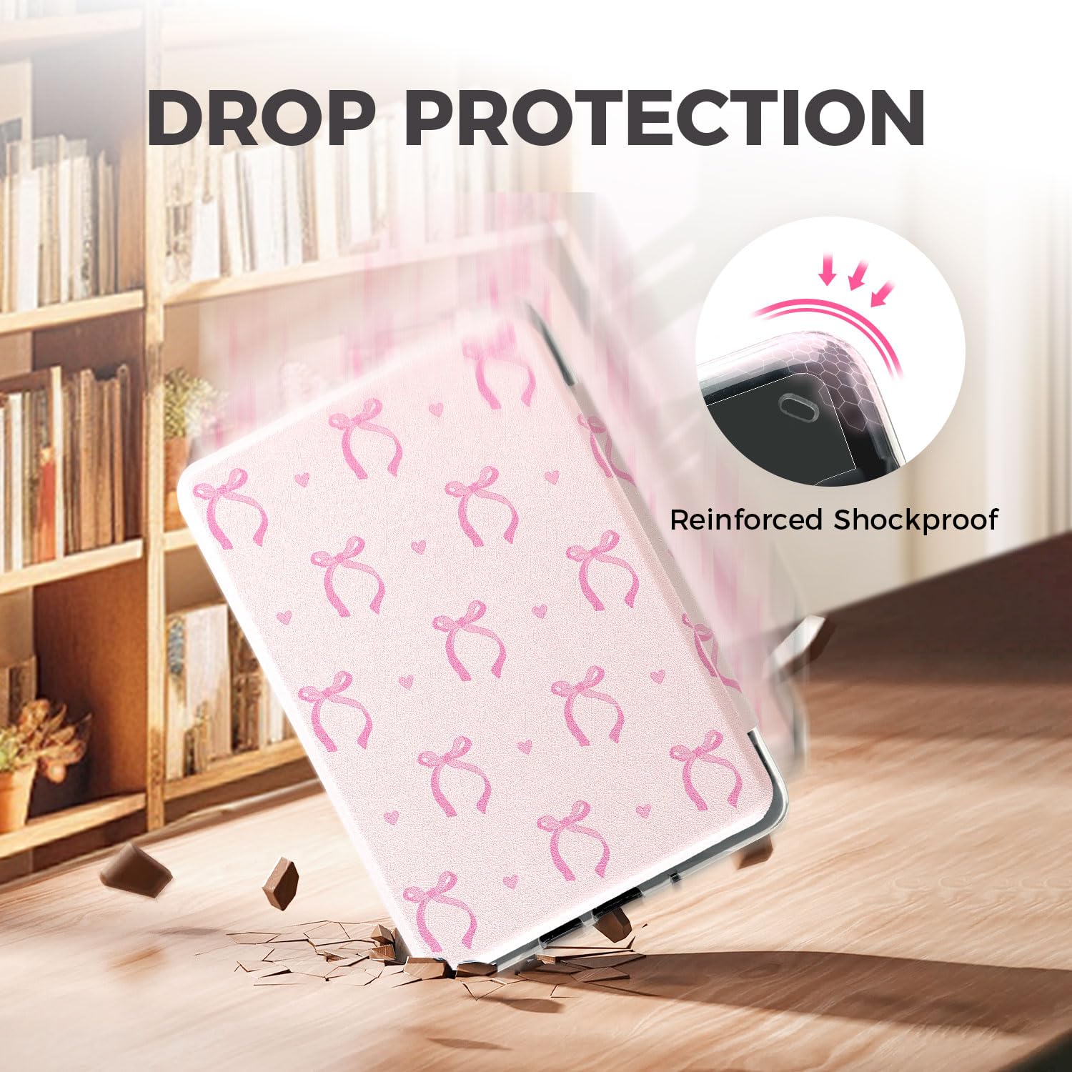 Coquette - Custodia trasparente per eReader Kindle 11a generazione da 6 pollici (2022/2024), custodia ultra sottile da 6 pollici con cinghia da polso, custodia protettiva rosa per eBook di base