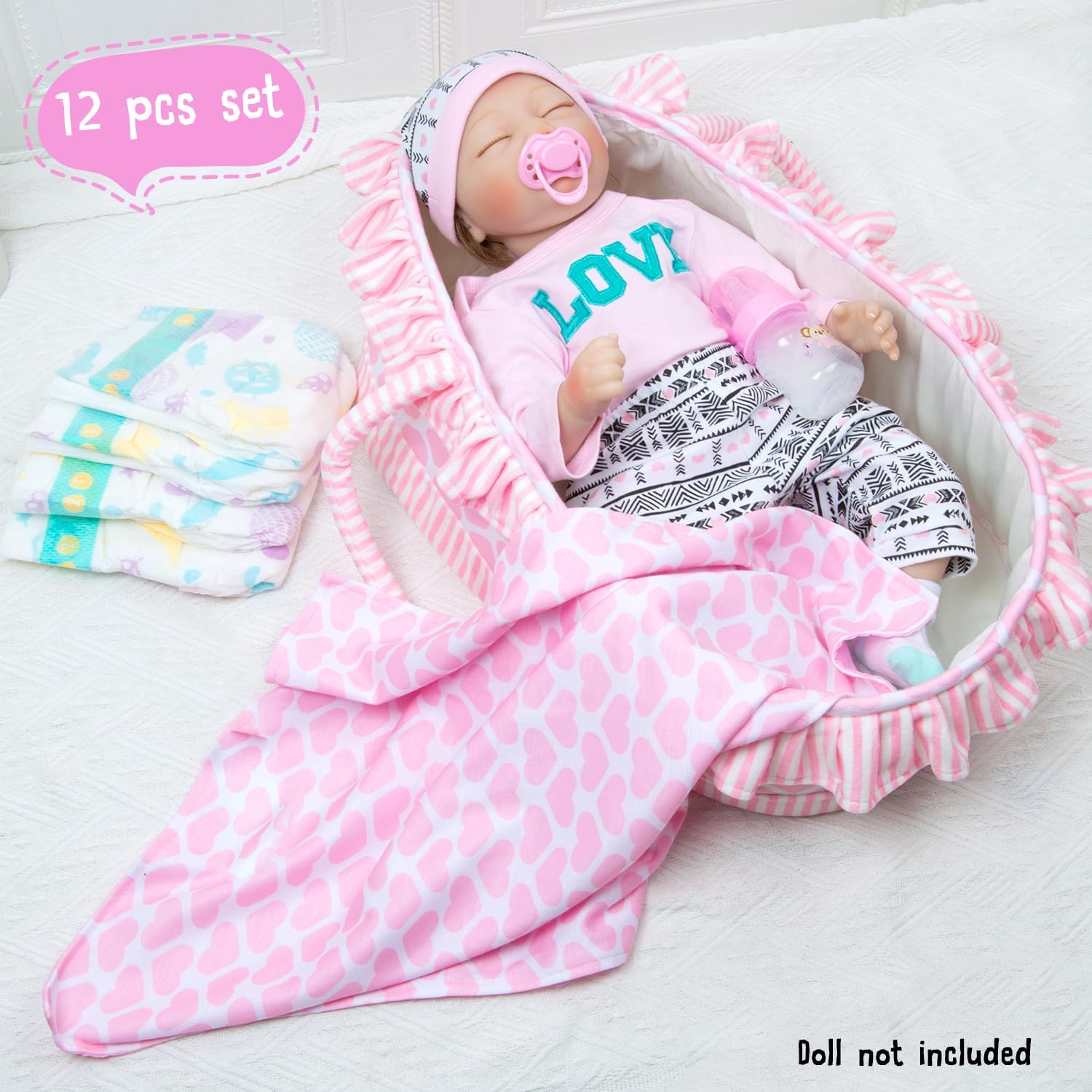 PEDOLLTREE 12 Pcs Reborn Baby Dolls Clothes Girl Outfit Accessories for 17-22 Inch Reborn Doll Newborn Girl with Pink Love Heart Bassinet