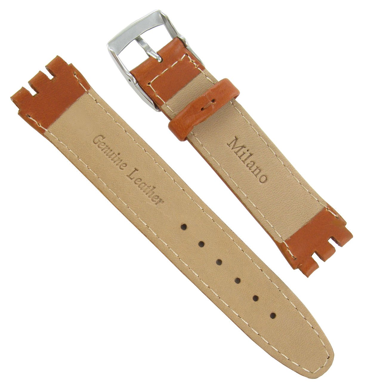 17mm Genuine Oiled Leather Padded Stitched Tan Brown Watch Band Fits Swatch