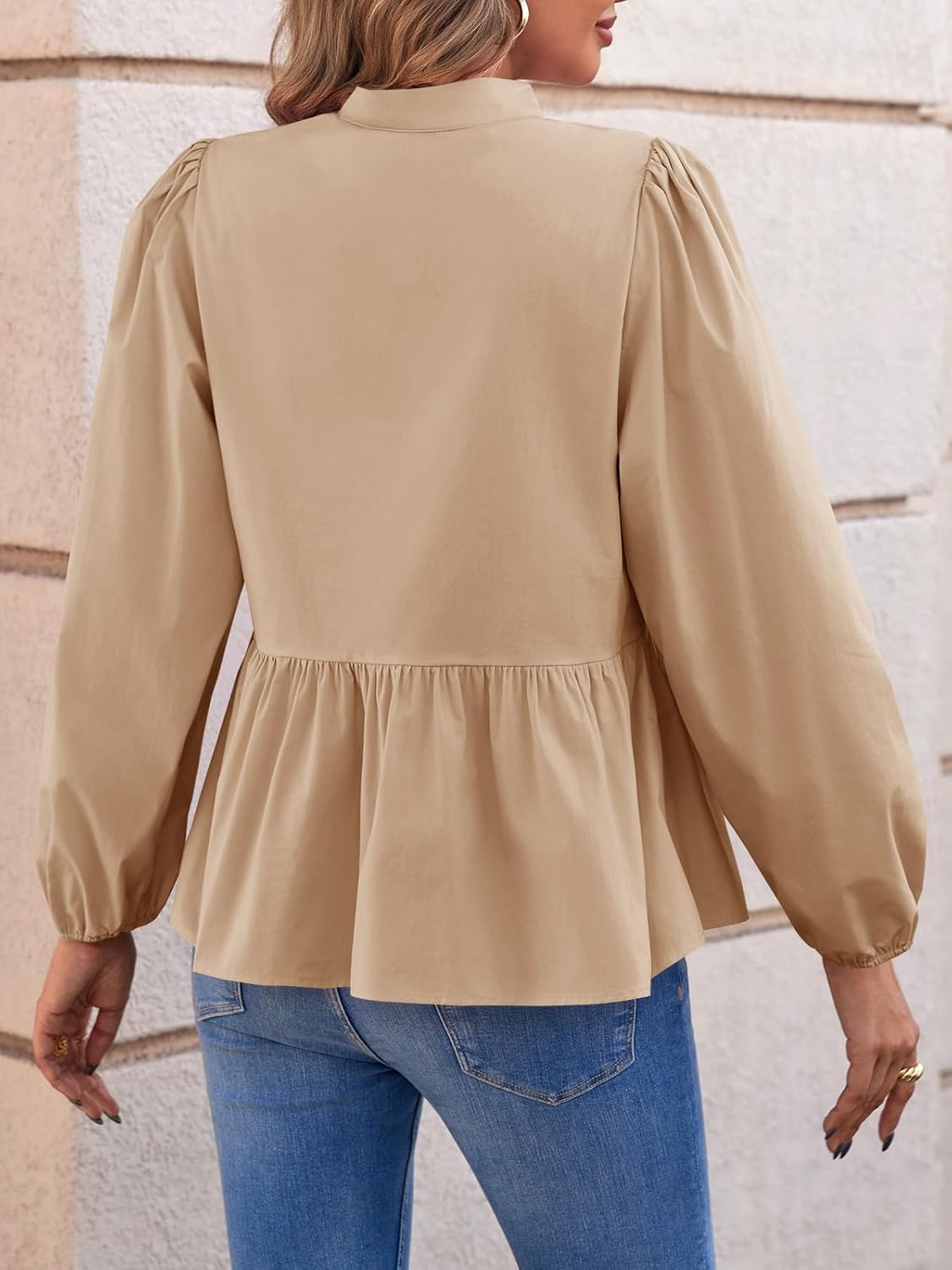 Cicy Bell Womens Puff Long Sleeve Peplum Blouses Babydoll V Neck Ruffle Tops Cute Cotton Loose Fit Shirts - Image 4