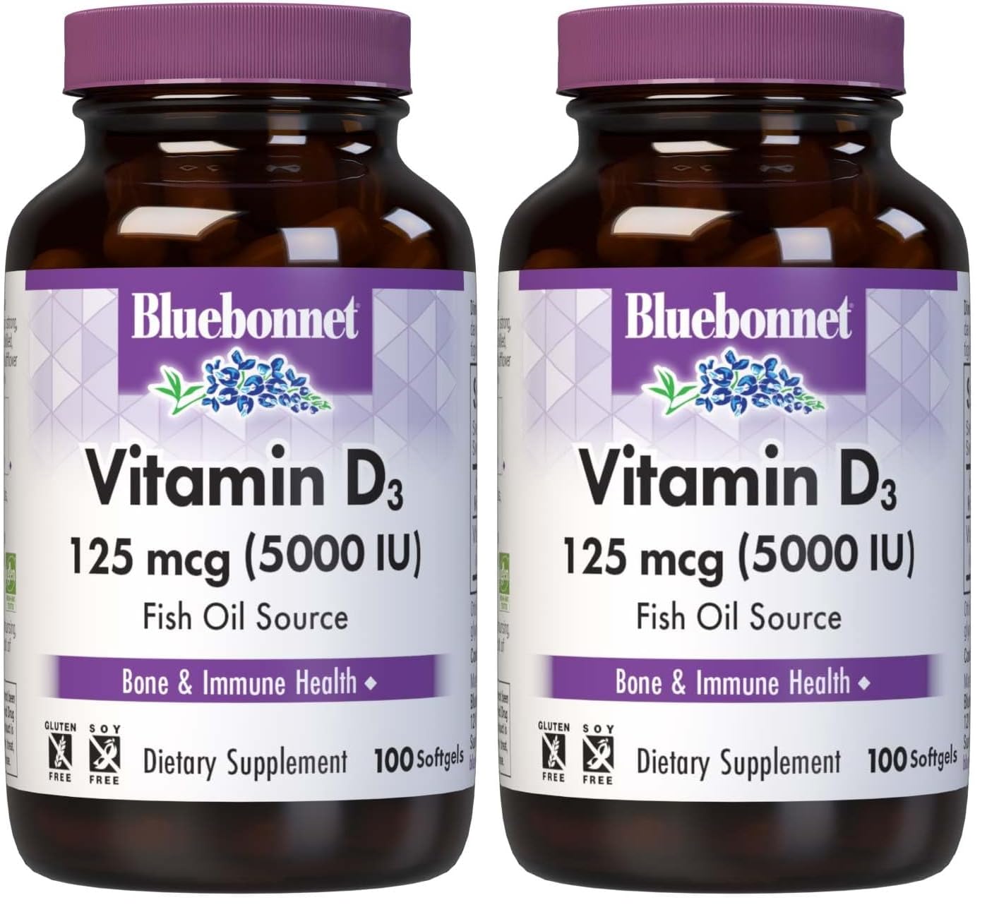 BlueBonnet Nutrition Vitamin D3 5000 IU, 100 Softgels 100 Count (Pack of 2)