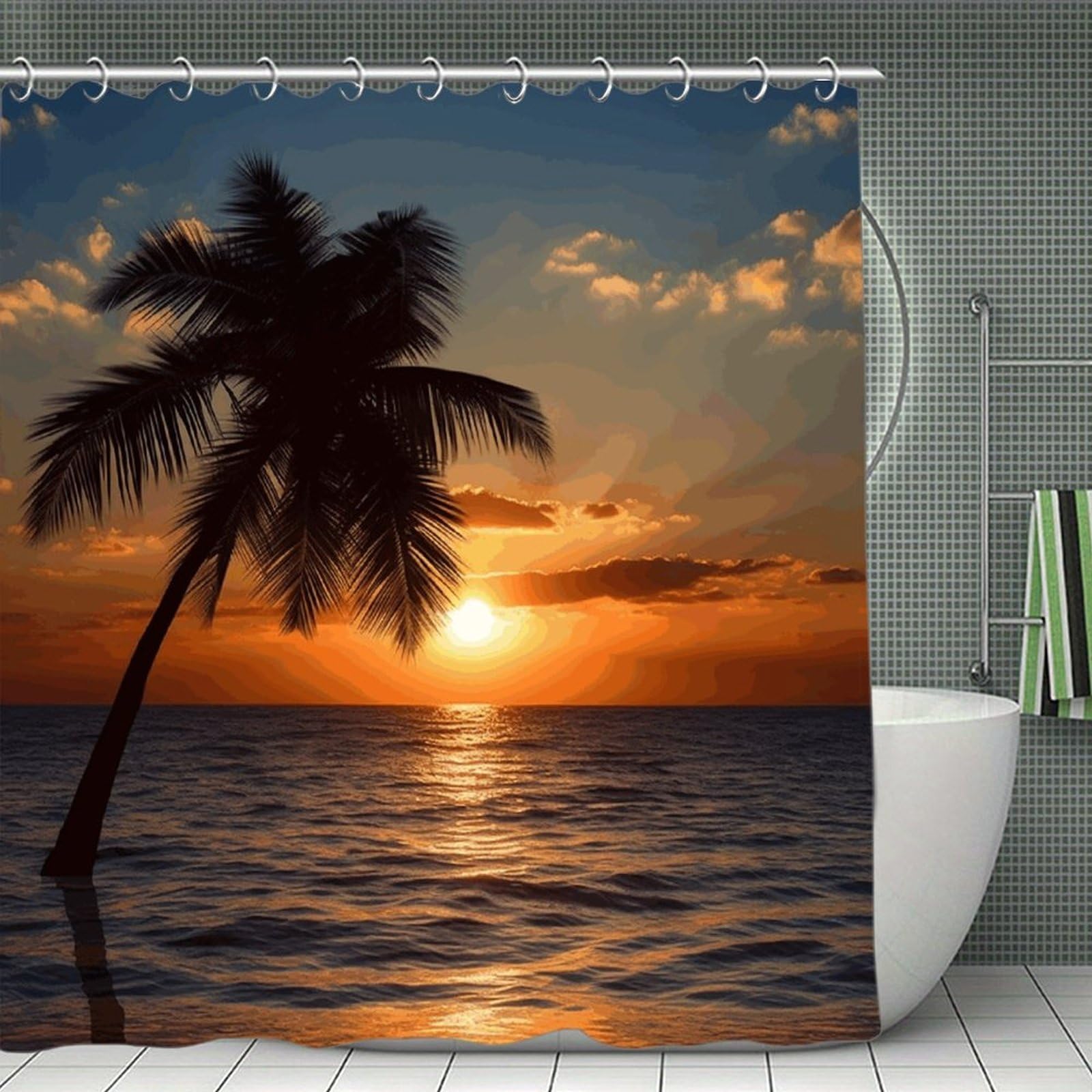 VstaDank Sunset Palm Tree Ocean Shower Curtain Light-Weight Blackout Bathroom Curtain Washable Shower Liner 71x71 Inch Bath Curtain with Metal Holes Bathtub Bath Room