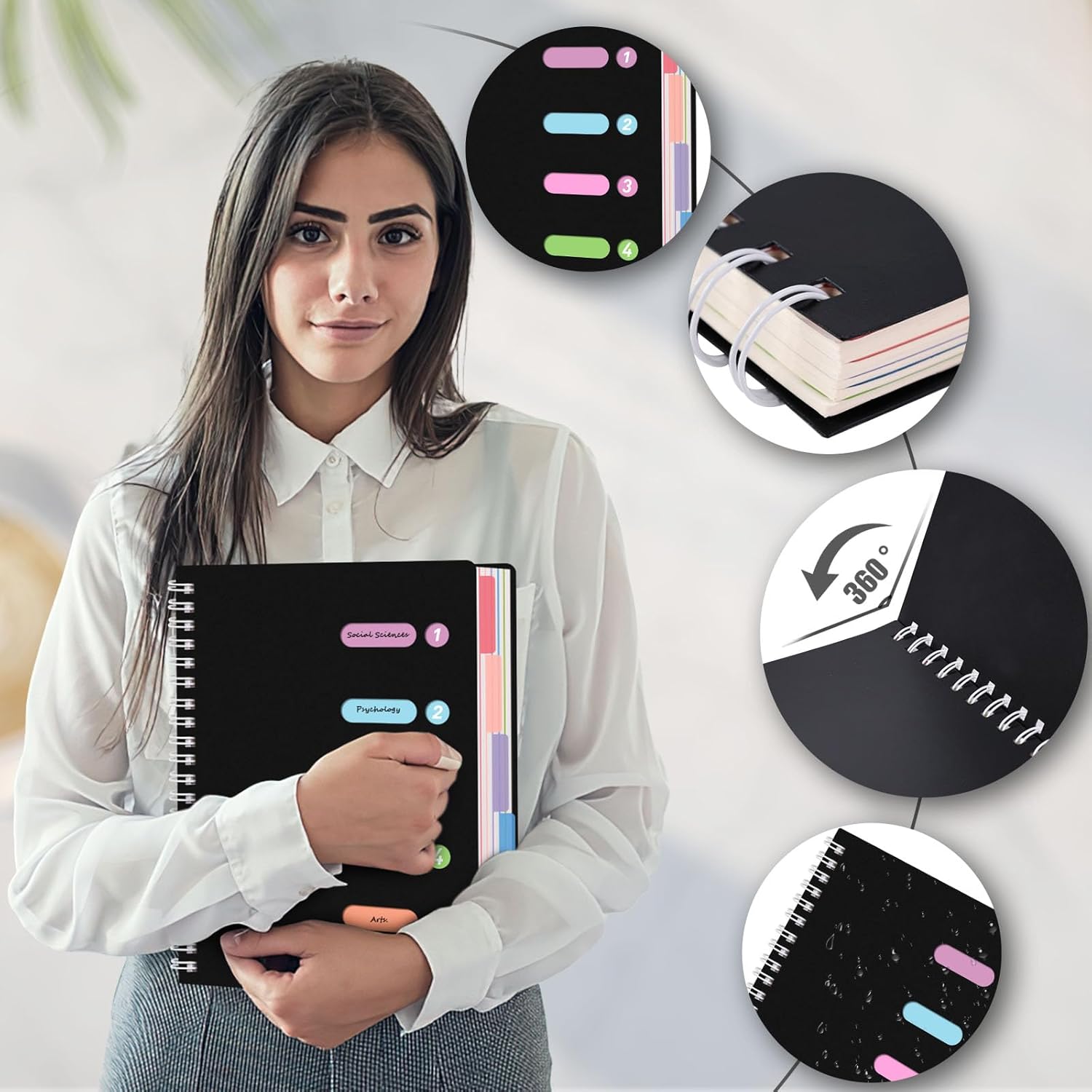 Subject Notebook Wide Ruled, 8.3x11inch Hardcover 5 Subject Lined Spiral Notebook with Dividers Tabs for School Note Taking Office Journal, 220 Pages, Black - Image 3