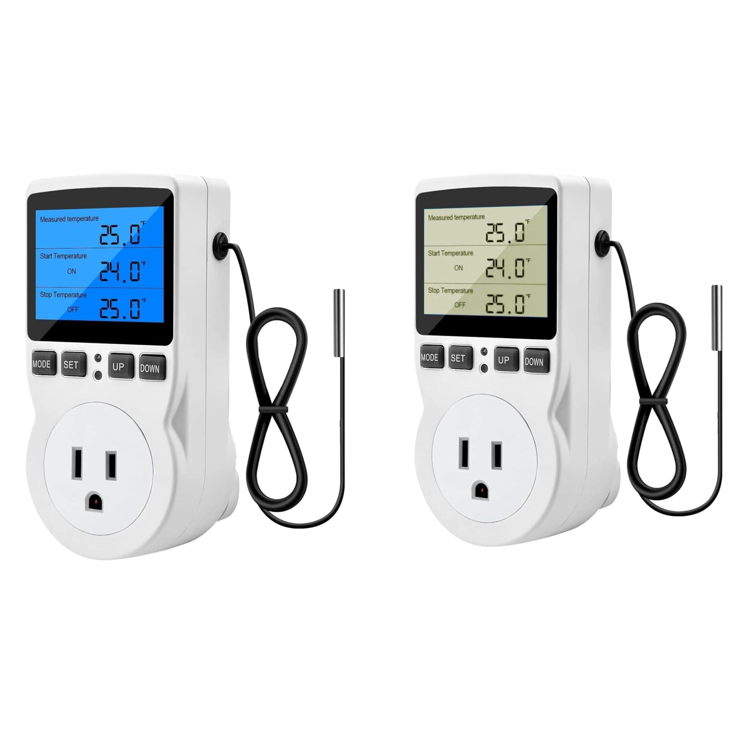 Diymore Digital Thermostat Temperature Controller with its temperature probe connected, showing the display, control buttons, and power outlet.