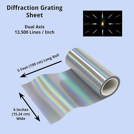 Bartovation Diffraction Grating Sheet, 13,500 Lines/in, 5 ft x 6 in Roll | Double Axis, for Science Physics Education, Visual Light Diffraction, Holographic