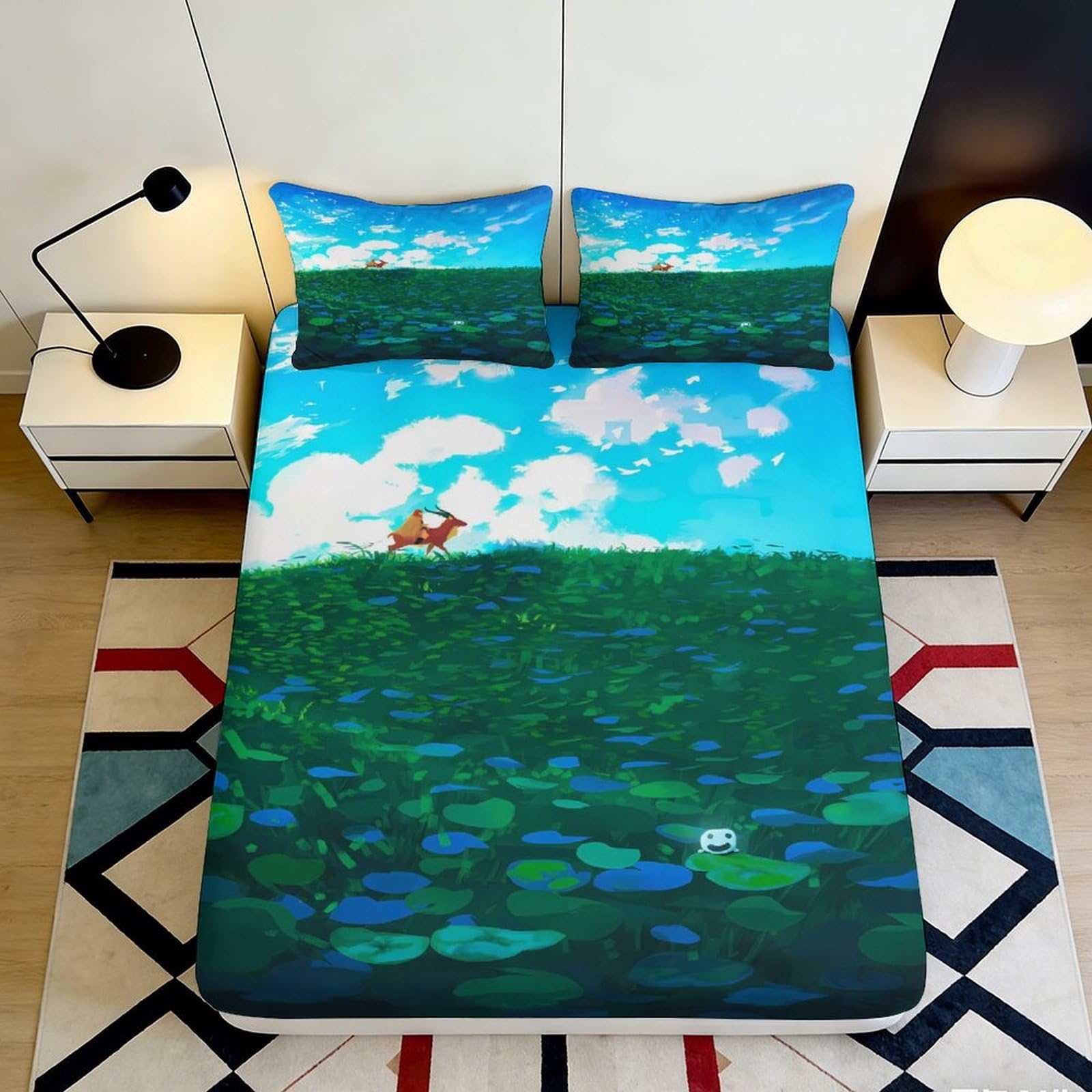 3D Printed Pond Scenery Fitted Sheet Microfiber Bedroom Set Deep Pocket Lotus Mattress Fitted Cover Non-Slip Washable for Adults Teens 180x200x25cm