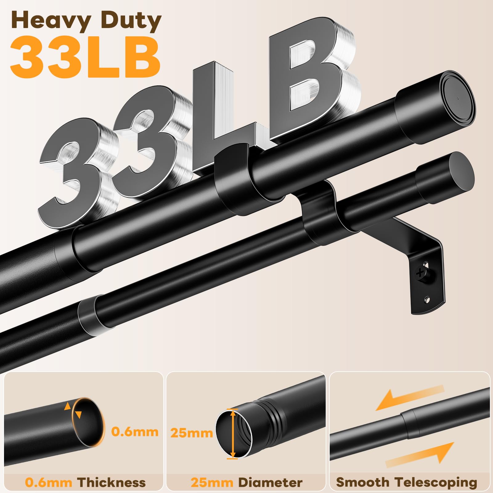 Abiglifty Bastone per tenda doppio da 106 a 381 cm, 25 mm, estensibile per tende a doppia finestra, nero con terminali classici, staffe, per tende con occhielli, aste per tende da parete