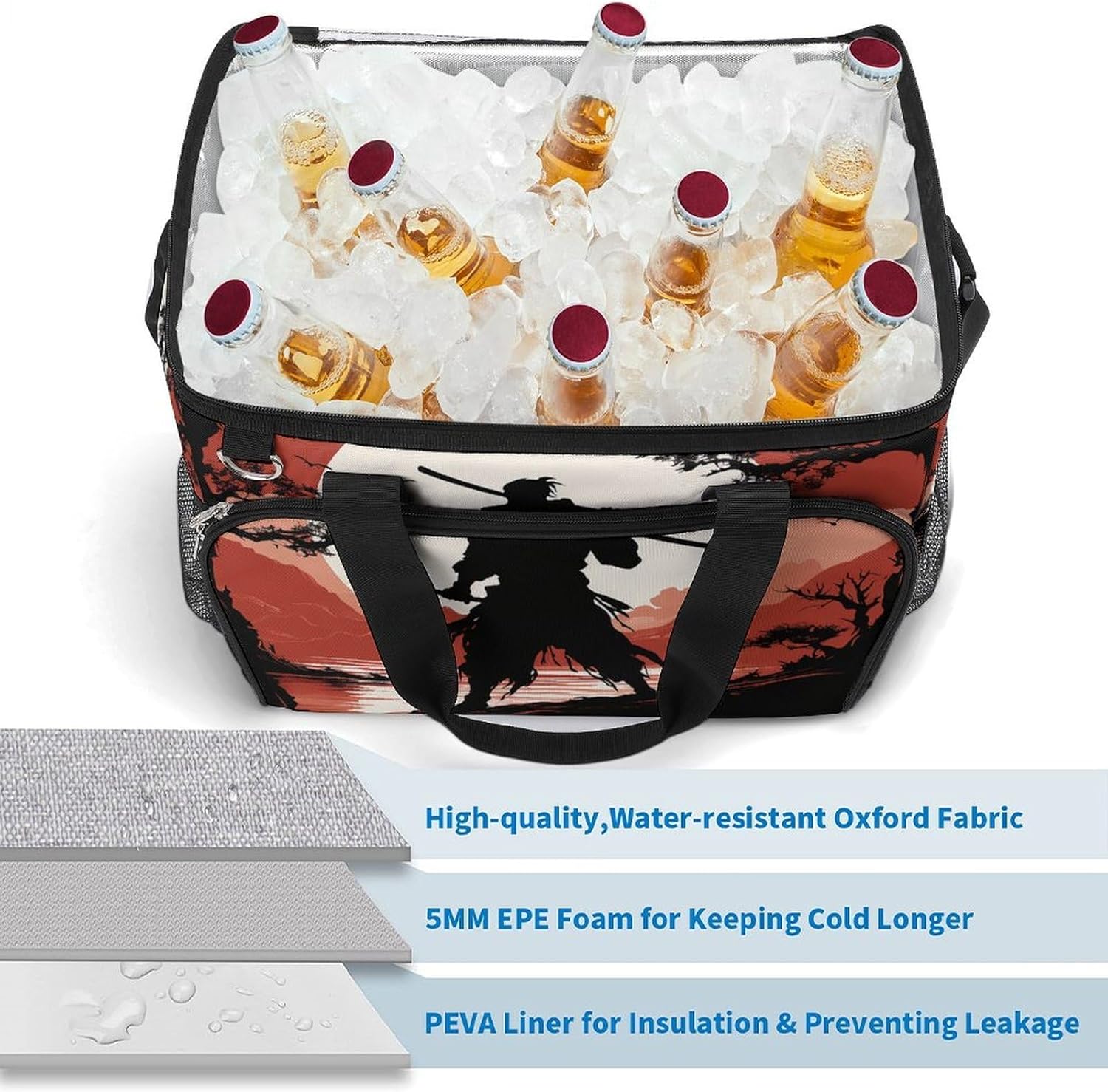 Large Capacity Oxford Cloth Samurai Printed Camping Ice Bag, Outdoor Portable Insulation and Cooling Bag, Suitable for Outdoor Camping and Picnics