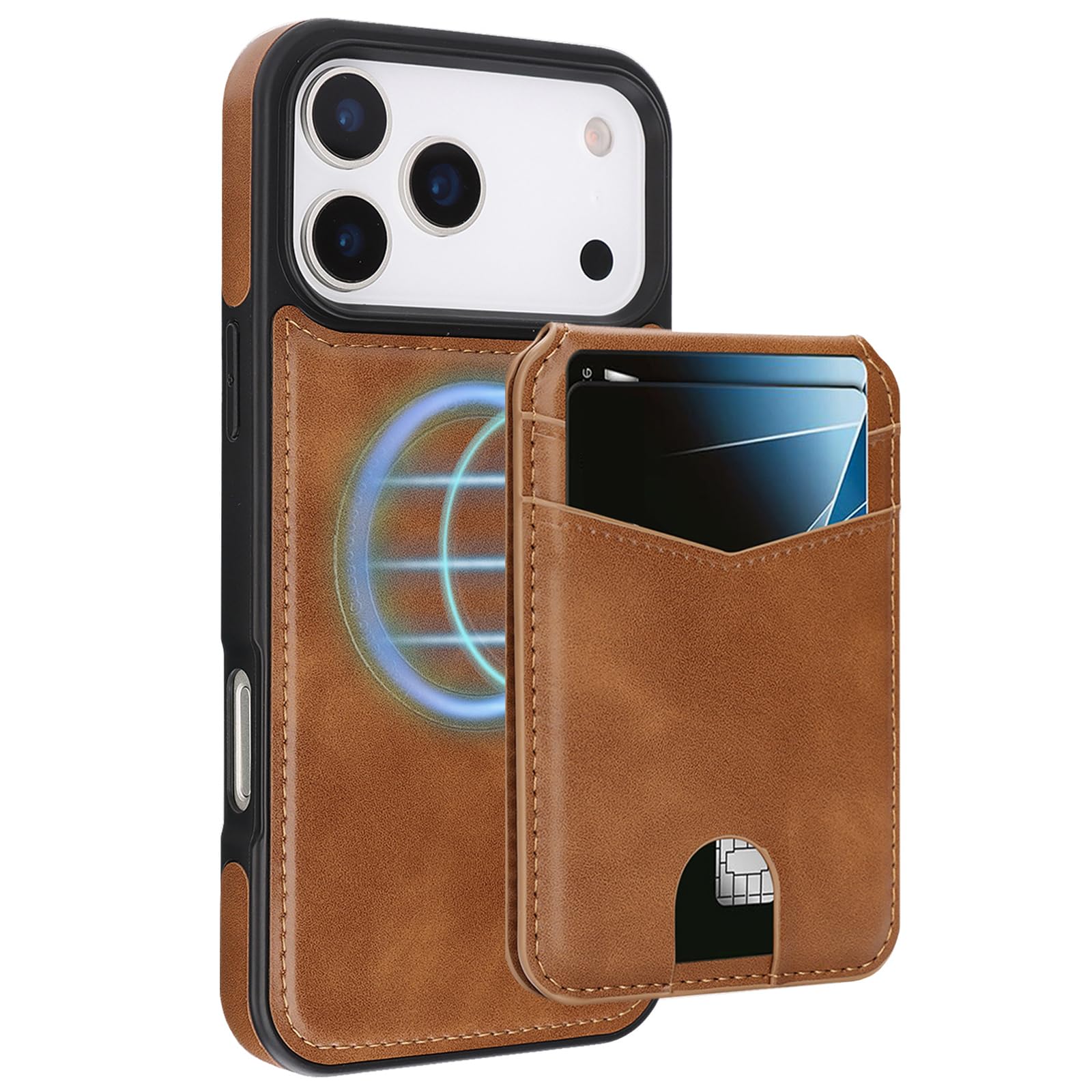 MFAOSHI Magnetic Case for iPhone 17 Pro Max/17 Pro/17 Air/17, Slim Business Detachable Card Holder Leather Cover with Kickstand Function Case,Brown,17 ProMax