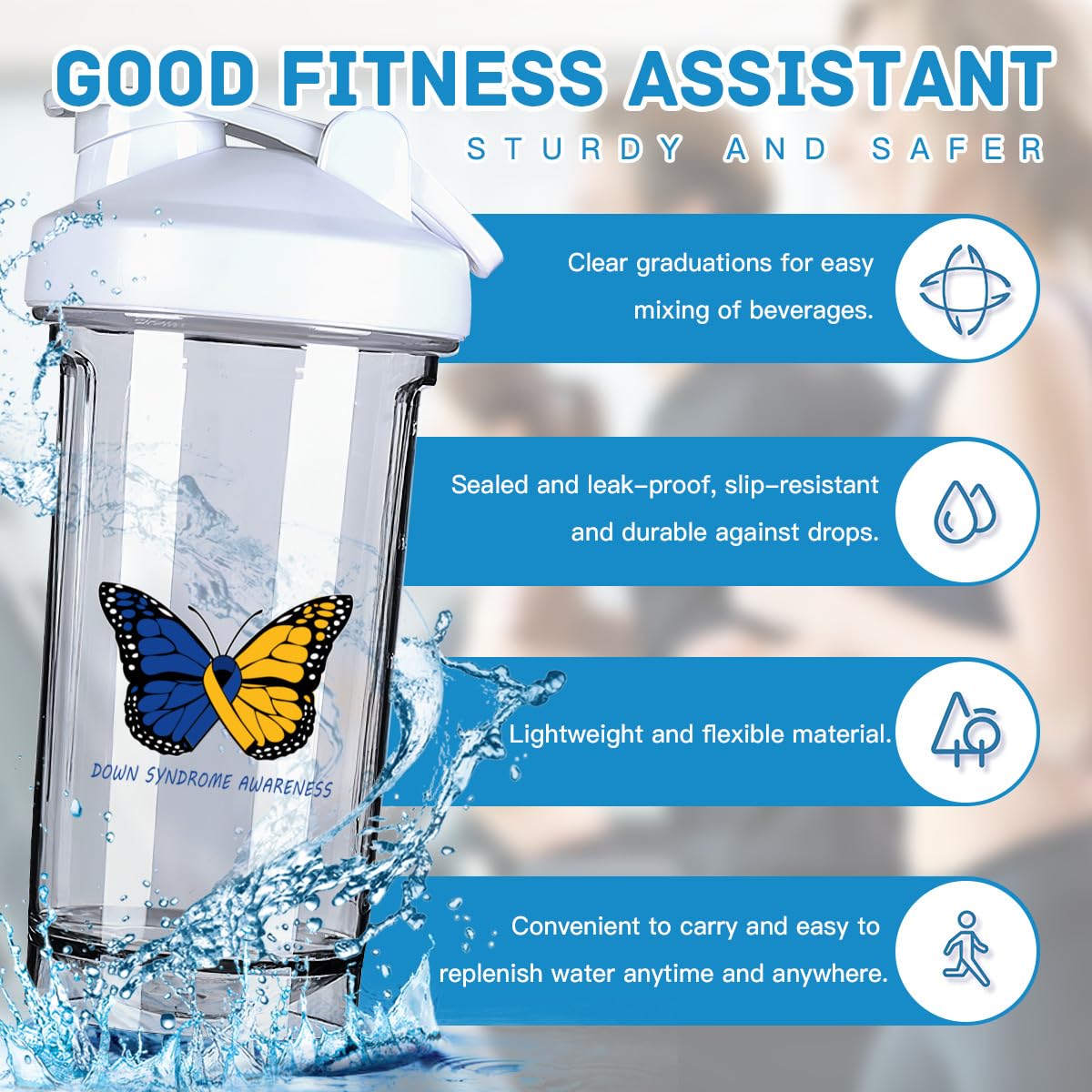 Down Syndrome Awareness 18 Ounce Shaker Bottle Drink Mixer Leak-proof Pre Workout Protein Shakes Meal Replacement Shakes Bottles 500ML/18 Oz White&-1&-1&-1-1