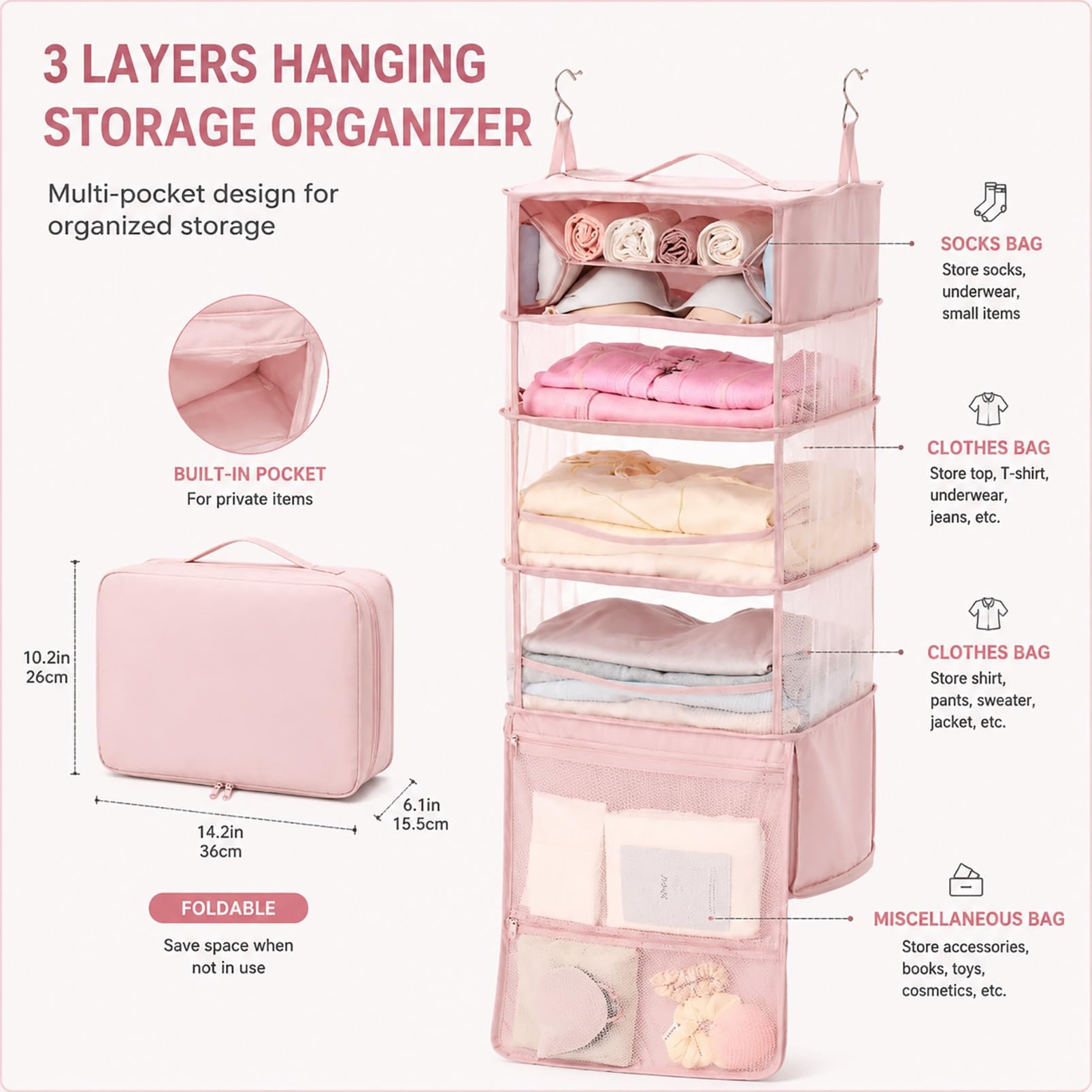 Wiszący Organizer Podróżny, Przenośna Szafa Do Walizki | 3/4 siatkowe półki, dwa haki, uchwyt i pas na walizkę(Yellow,4 LAYERS)
