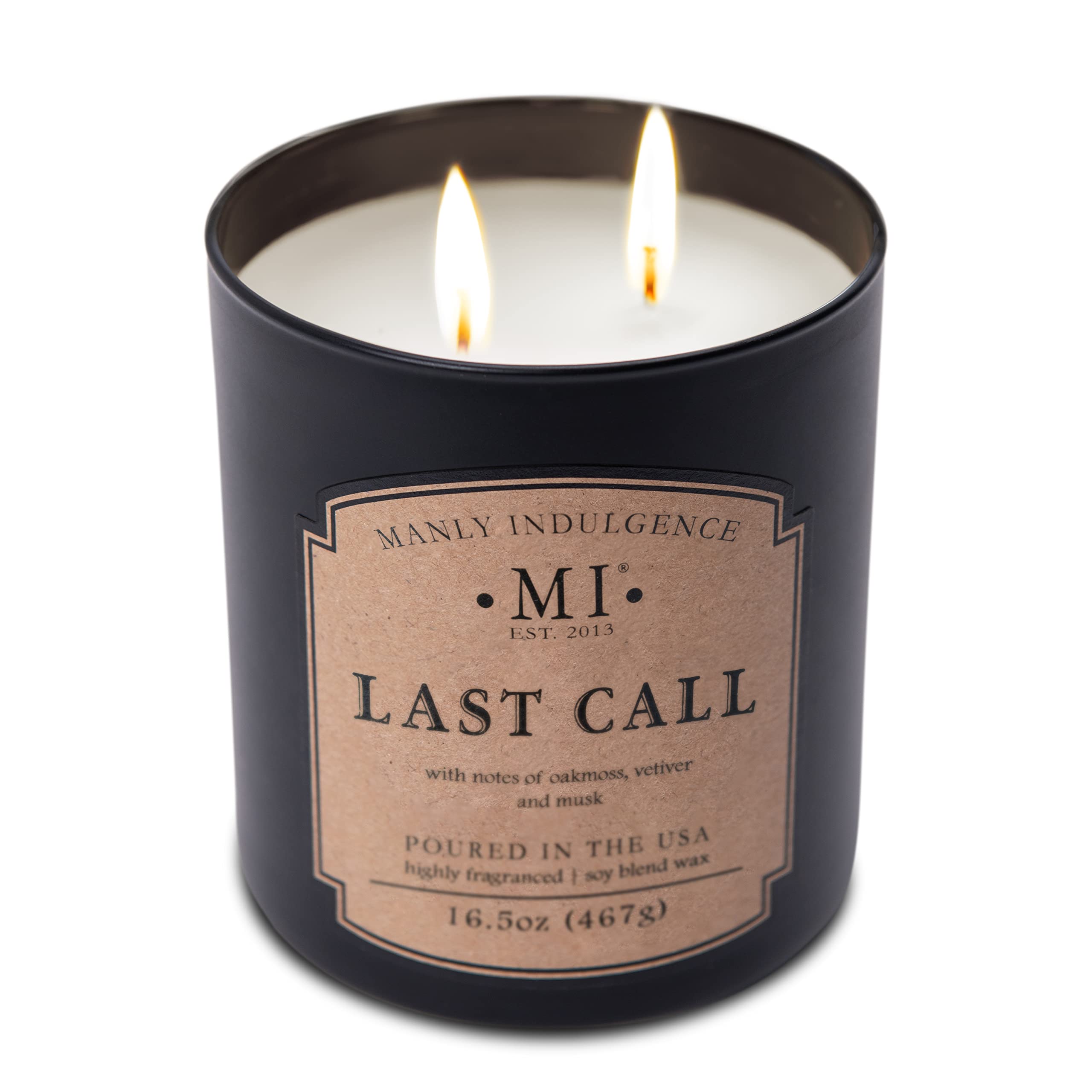 Manly Indulgence Last Call Duftkerze im Glas, 2 Baumwolldochte, Premium-Soja-Mischung, weißes Wachs, 60 Stunden Brenndauer, mattschwarzes Glas für Zuhause und Männer, 470 ml, in den USA gegossen