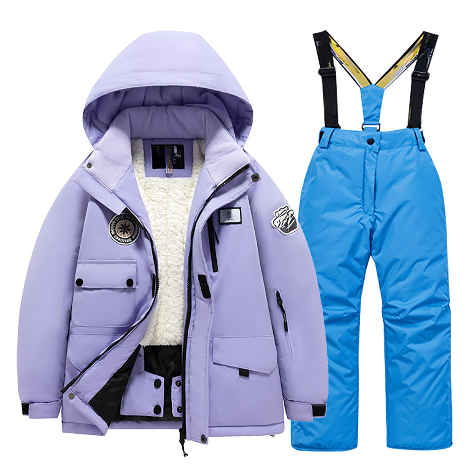 Generisch Tuta da sci da bambino con tasca in pile, giacca e pantaloni, antivento, unisex, calda